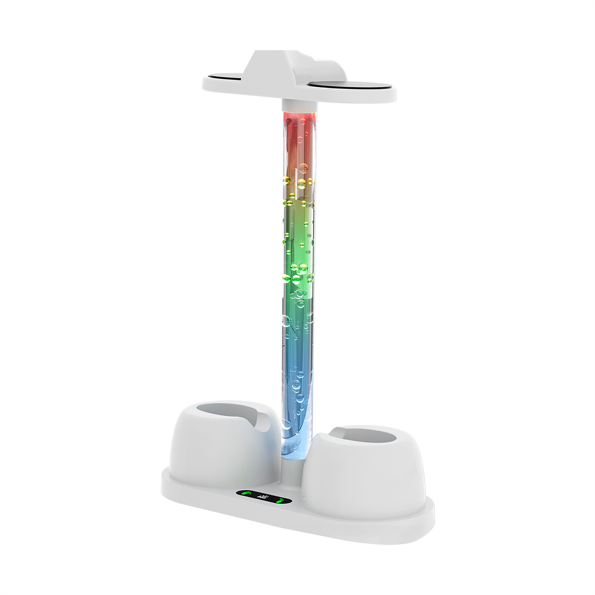 Ein weißer Zahnbürstenhalter mit einer bunten sprudelnden Röhre. Es hat zwei Schlitze für Bürsten und ein Display.