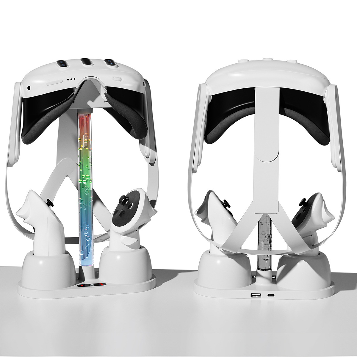 Weißes VR-Headset-Ladegerät mit Controllern. Mit Flüssigkeit gefüllte Röhre mit Regenbogenfarben.