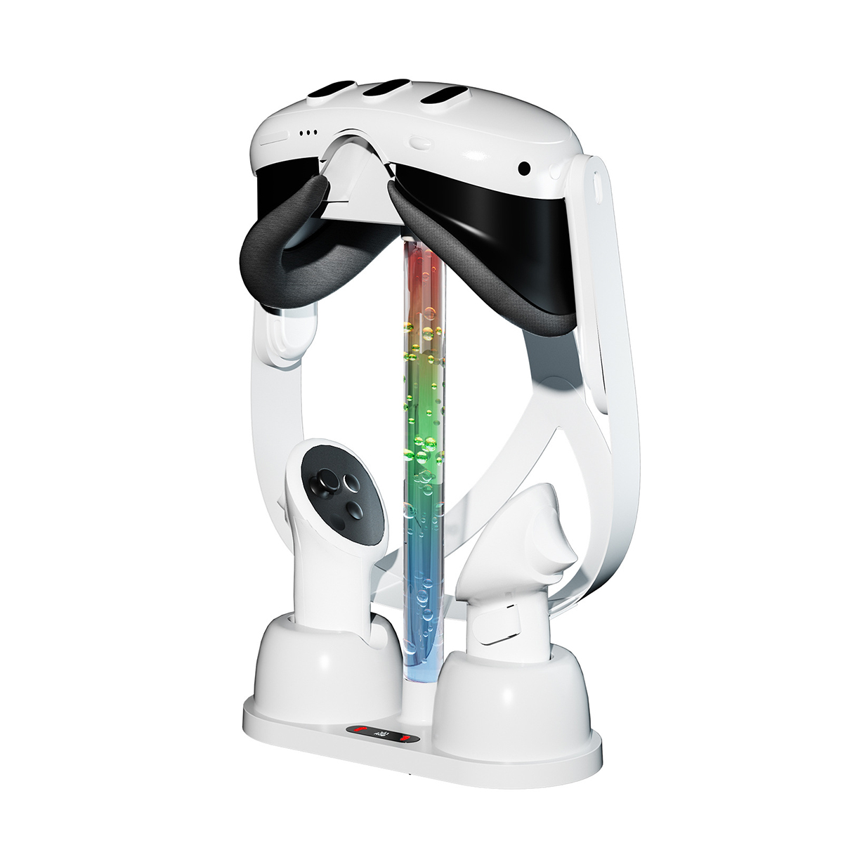 Ein weißes VR-Headset mit bunter Flüssigkeit in einem zentralen Rohr.