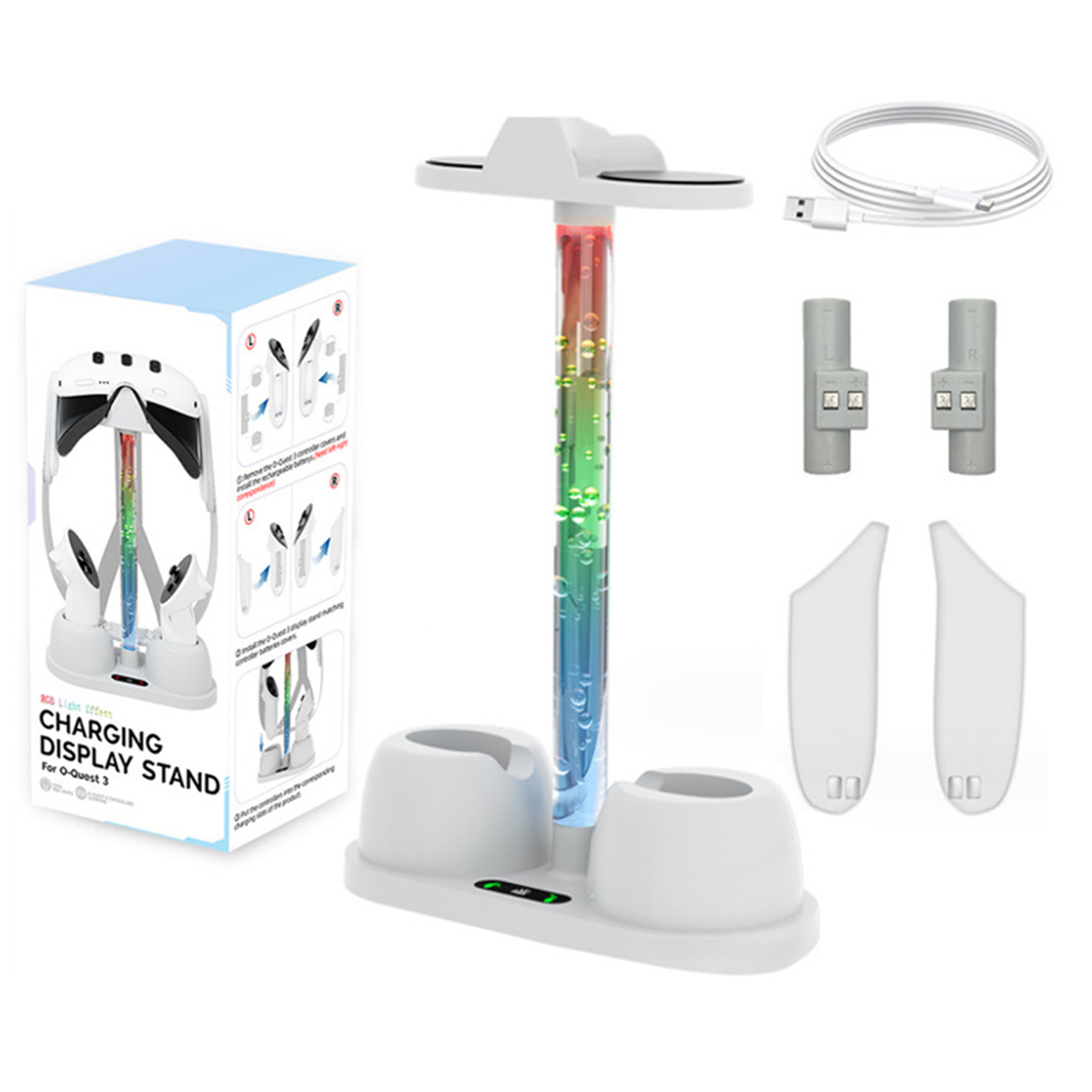 Ladestation für VR-Headset mit farbigem Licht und Zubehör.