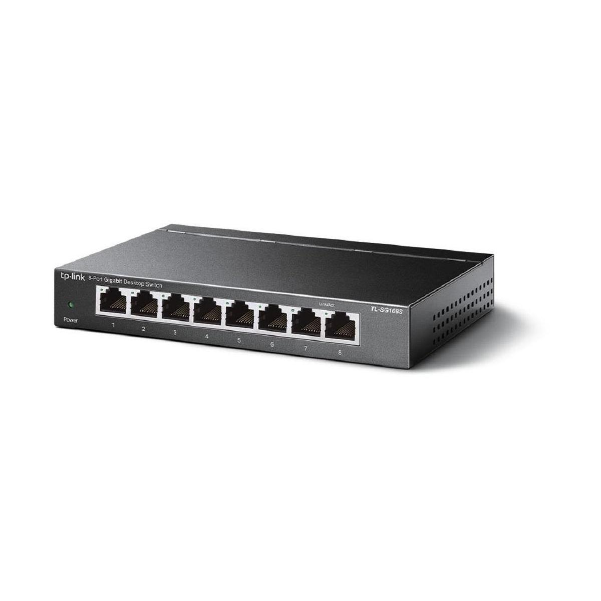 Schwarzer TP-Link Netzwerk-Switch mit beschrifteten Anschlüssen. Ein Power-Licht leuchtet.