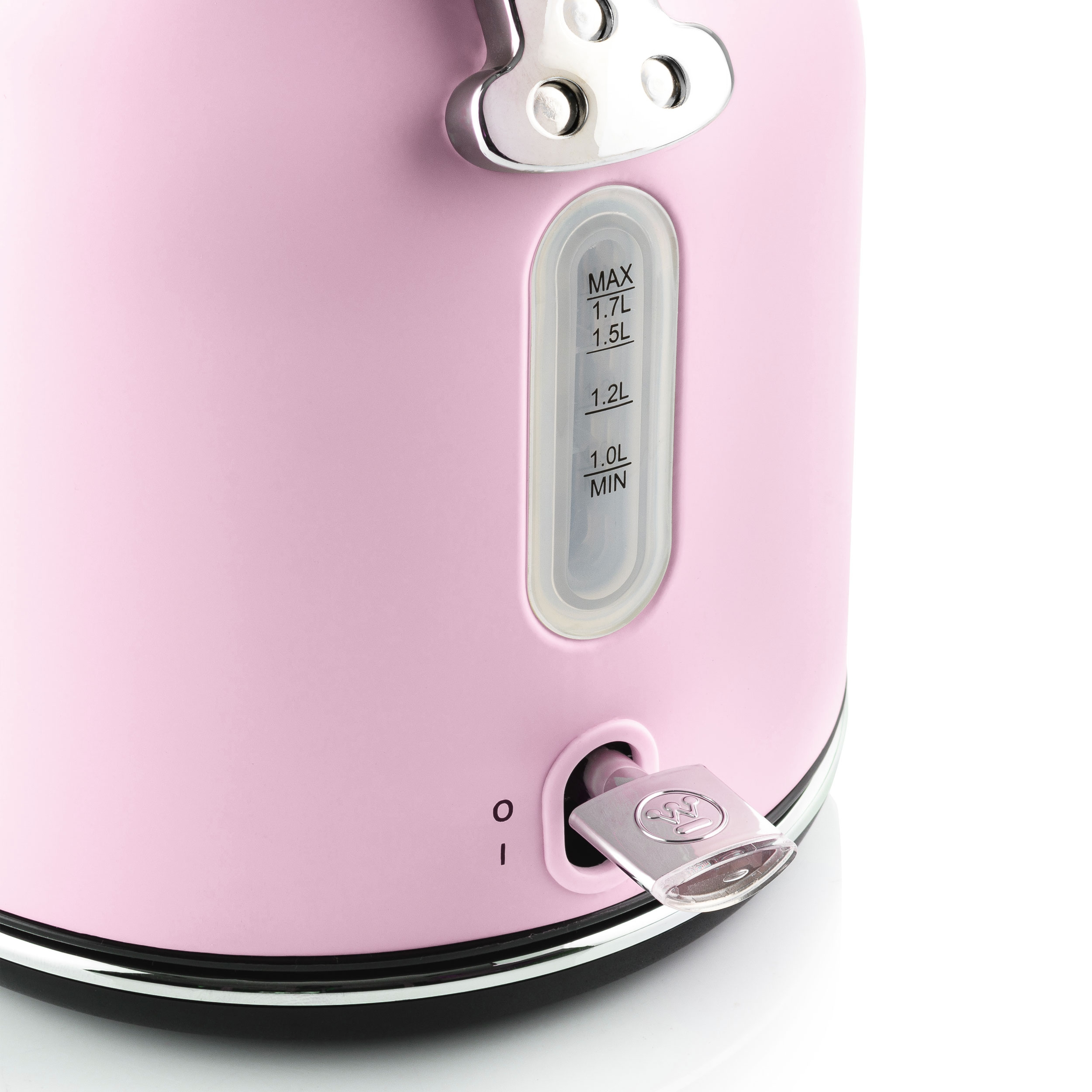 Ein pinkfarbener Wasserkocher mit Wasserstandsanzeige und Ein-/Ausschalter.