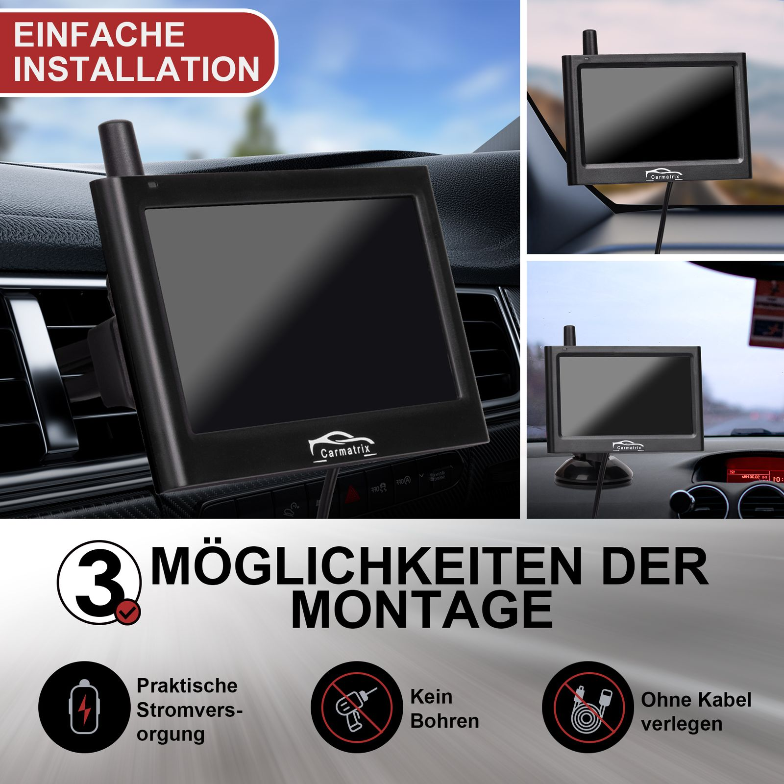 Ein schwarzer Bildschirm mit drei verschiedenen Montagemöglichkeiten im Auto.