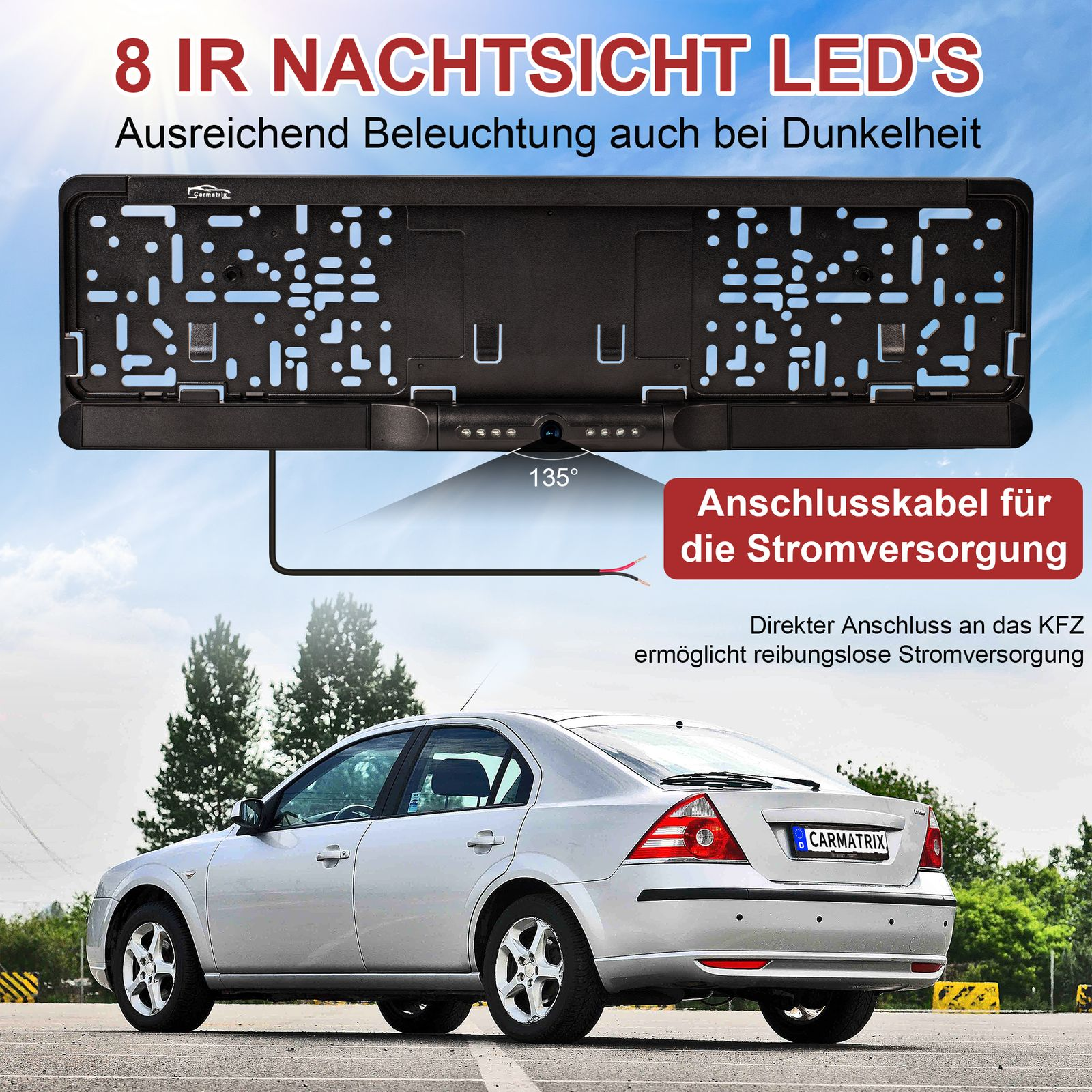 Ein schwarzer Kennzeichenrahmen mit Lichtern und einer Kamera. Im Hintergrund ein silbernes Auto. Der Himmel ist blau.