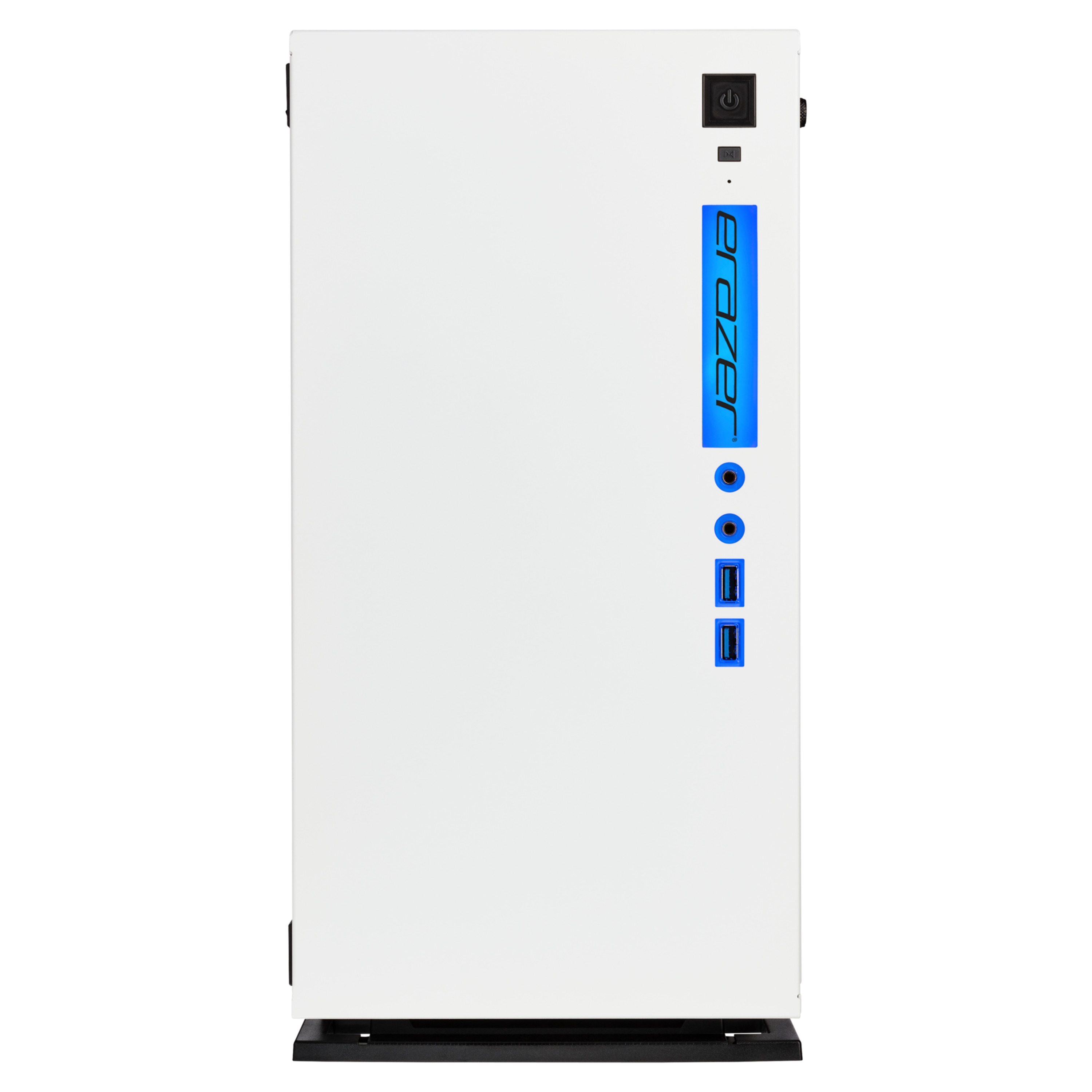 Biała obudowa komputera z niebieskimi akcentami i napisem 'eRazer' z boku.