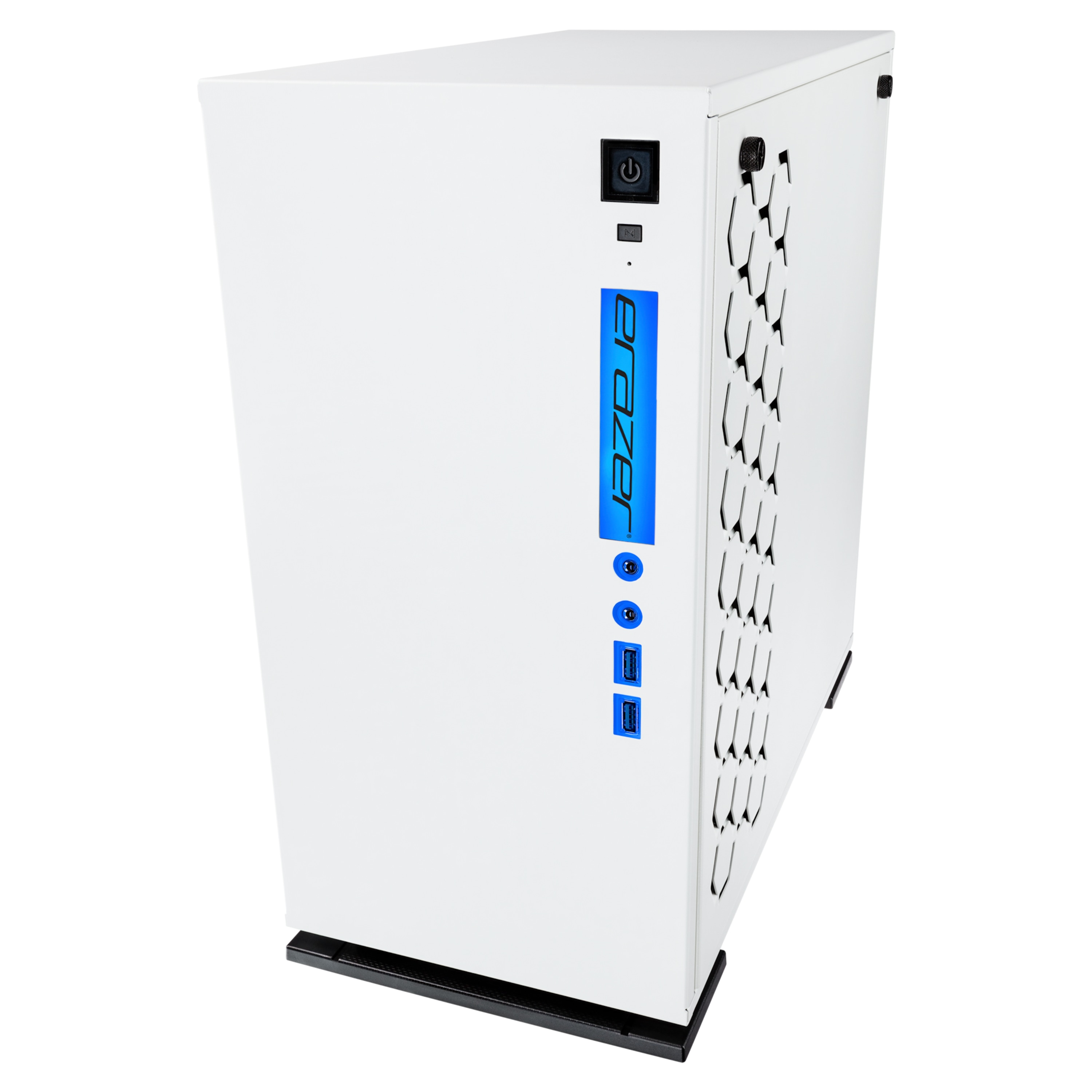 Biała obudowa komputera z niebieskim akcentem, przyciskiem zasilania i bocznym otworem wentylacyjnym.
