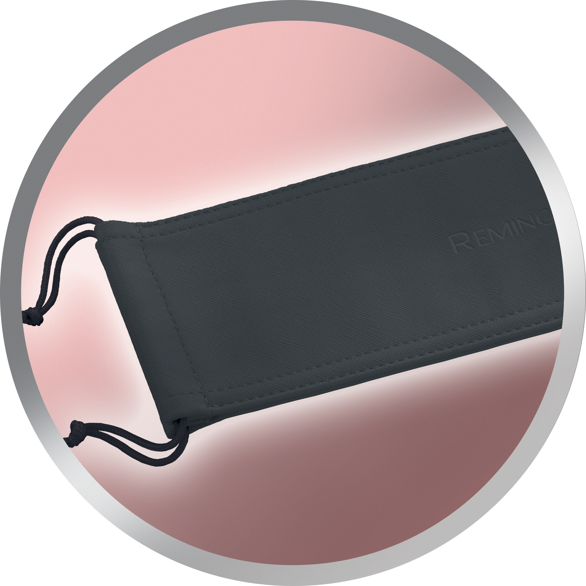 Czarny worek ze sznurkiem z nadrukiem REMINGTON, w różowym okręgu.