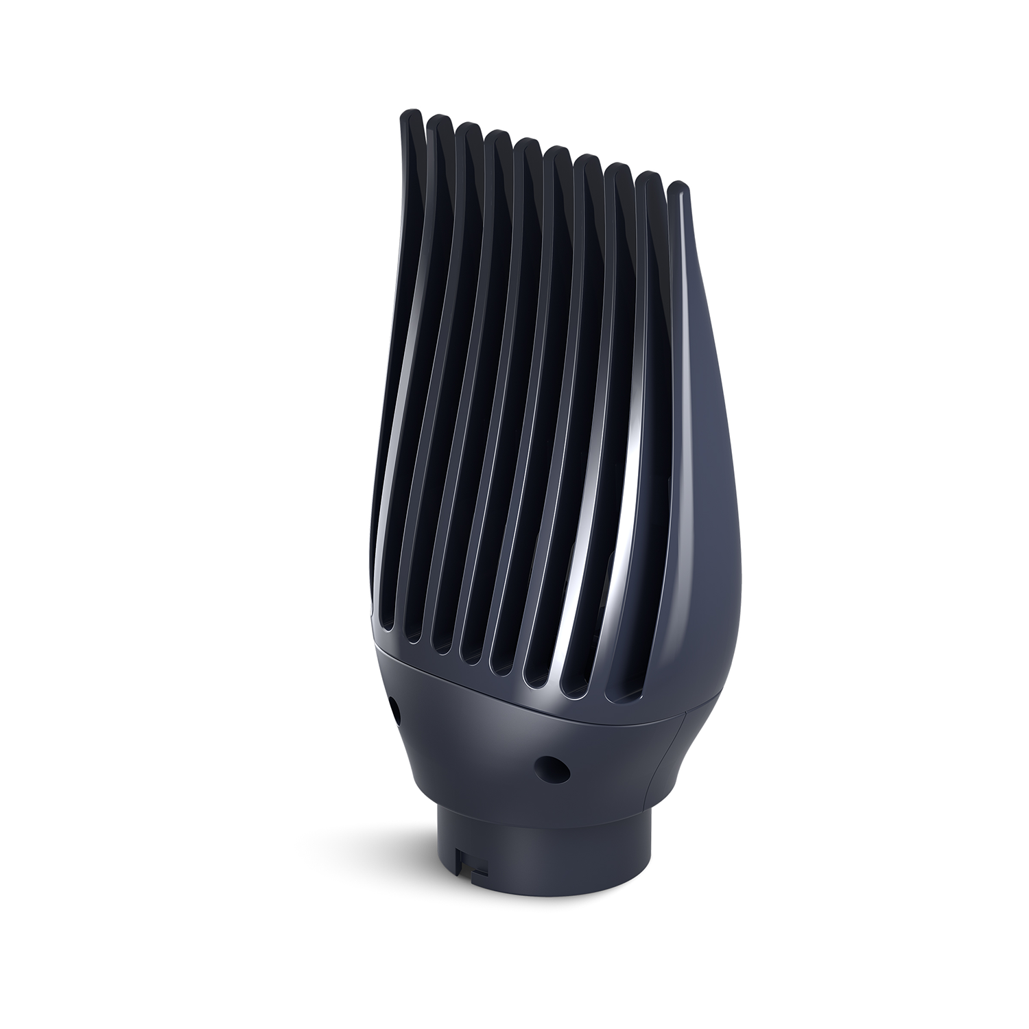 Czarny, zakrzywiony element do przycinania włosów z konstrukcją przypominającą grzebień.