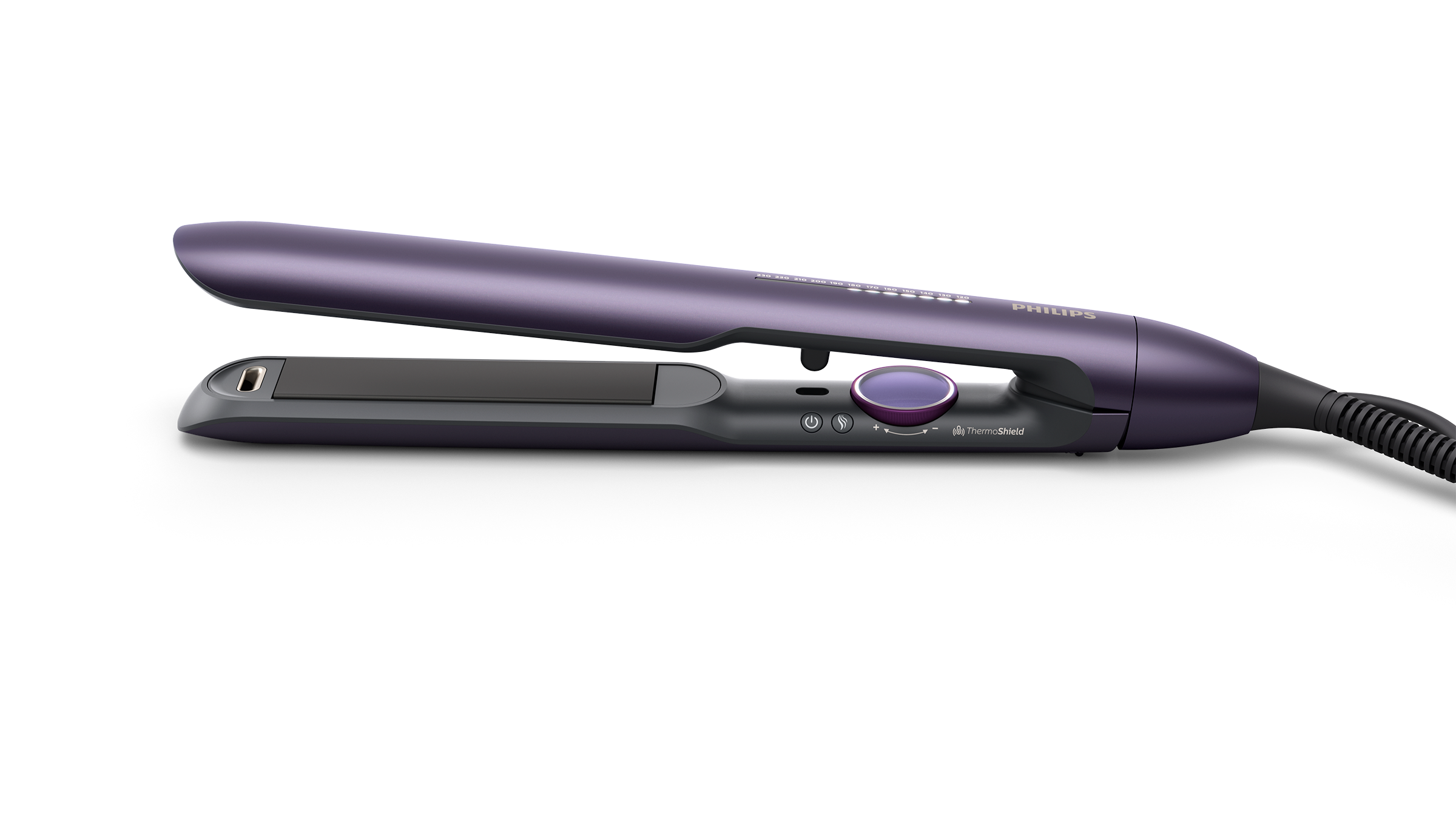 Fioletowa prostownica do włosów z czarnymi płytkami.