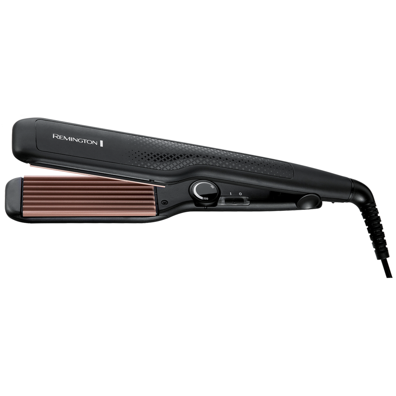 A black Remington hair crimper, open and placed against a black background, with heat settings visible.