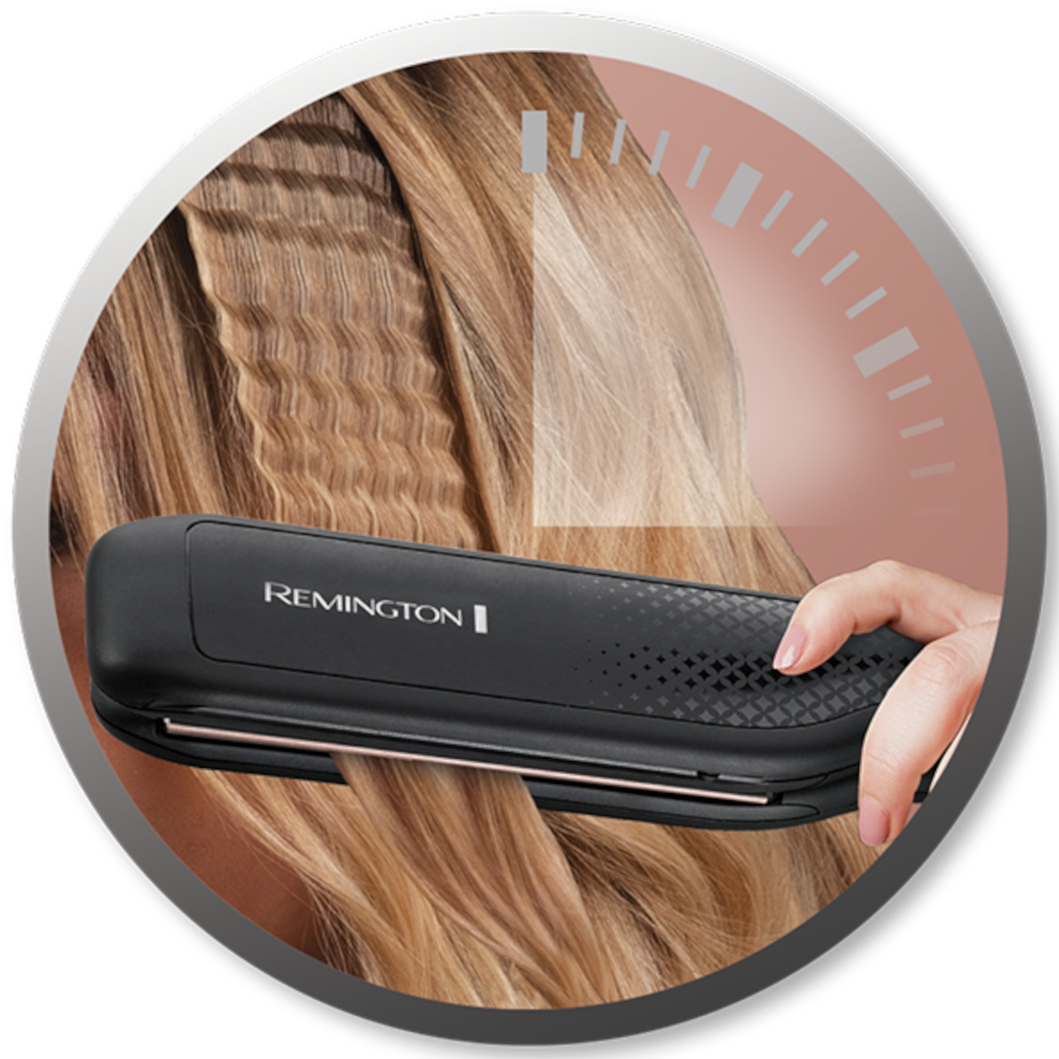 Black Remington hair crimper on blonde hair, showing crimped and smooth sections.
