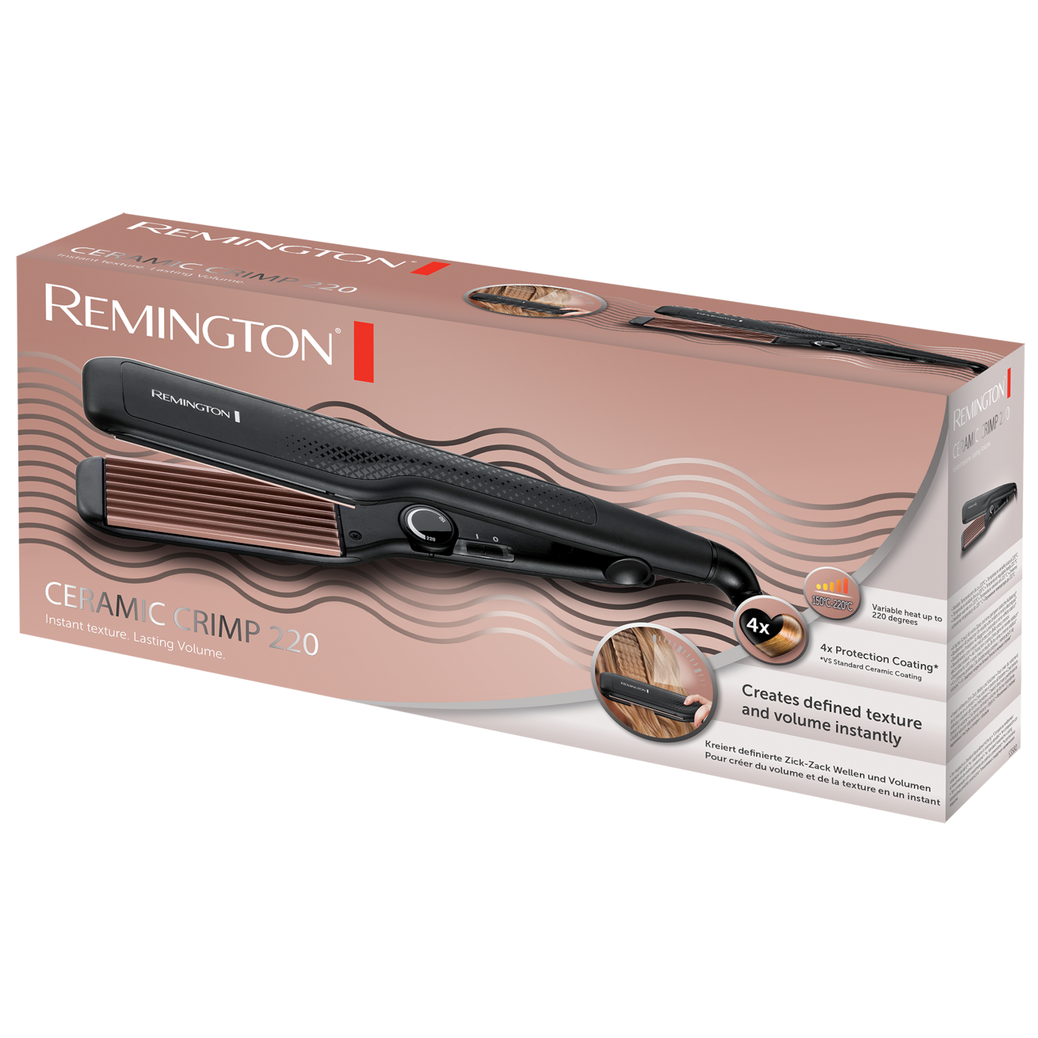 Black and brown hair crimper in a box, product name and features on the box, on a white background.