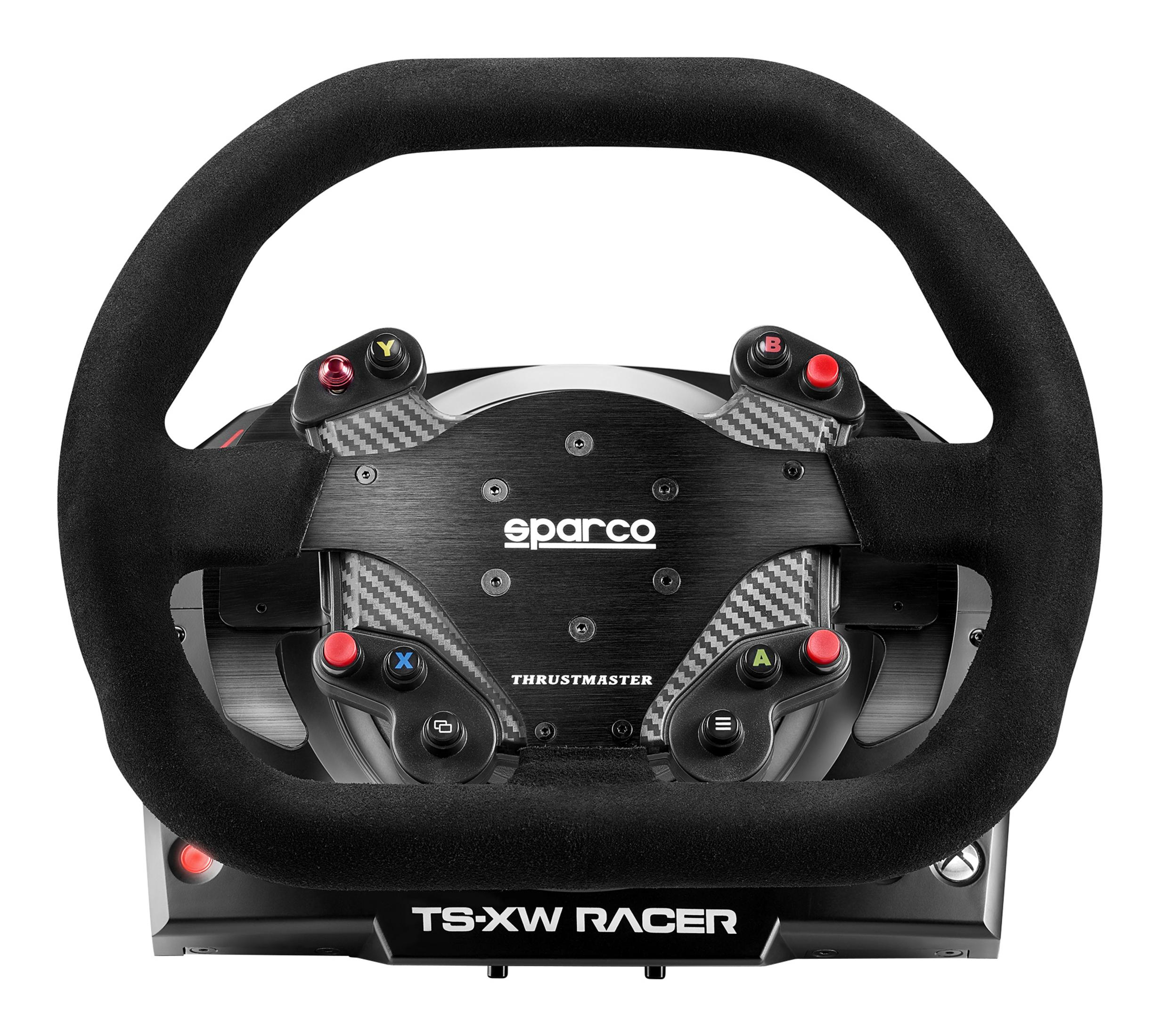 Volante de carreras con agarre de ante negro, botones y placa central con aspecto de fibra de carbono.