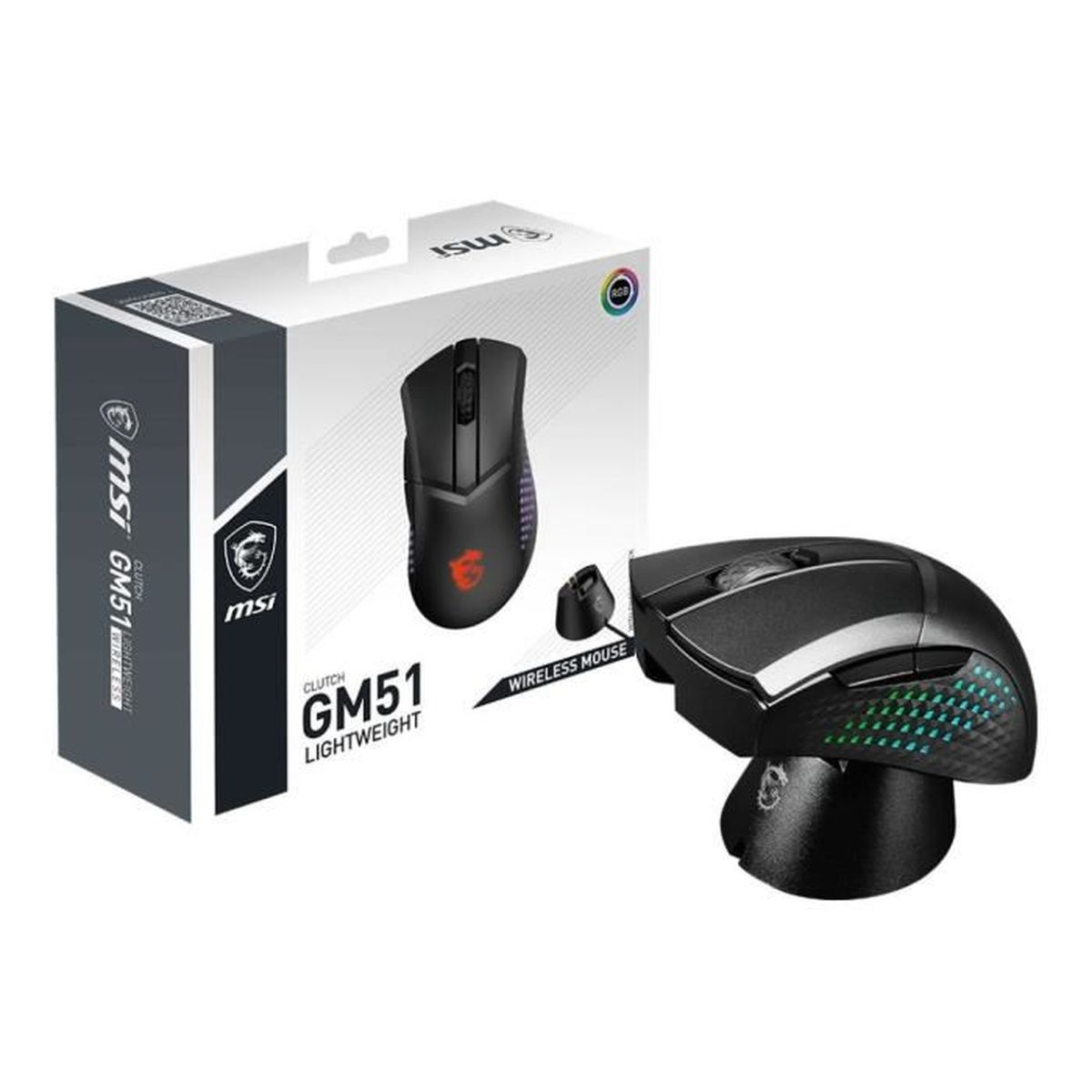 Czarna mysz gamingowa MSI z pudełkiem i osobnym odbiornikiem USB.
