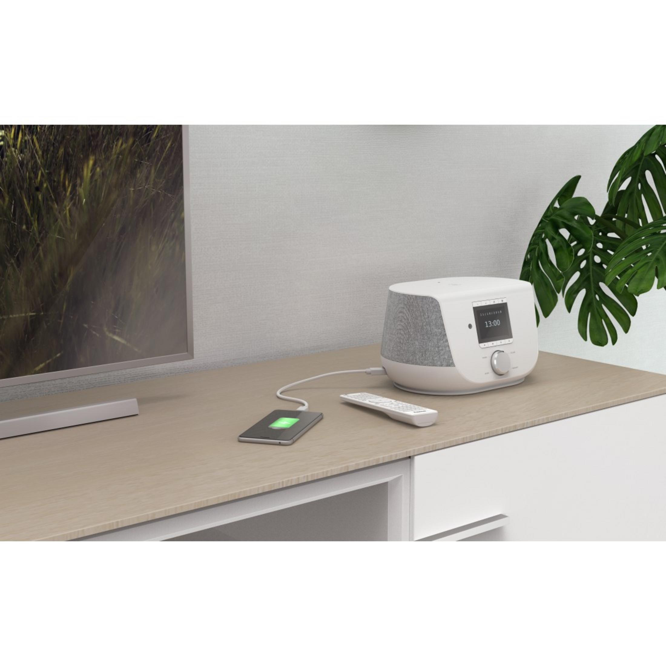 Biały głośnik na biurku obok ładującego się telefonu i pilota. Roślina po prawej, TV po lewej.