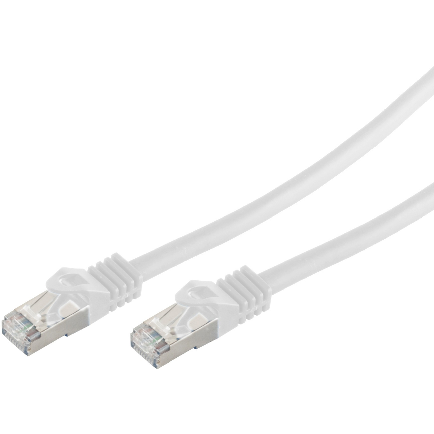 Zwei weiße Netzwerkkabel mit Steckern. Weißer Hintergrund.