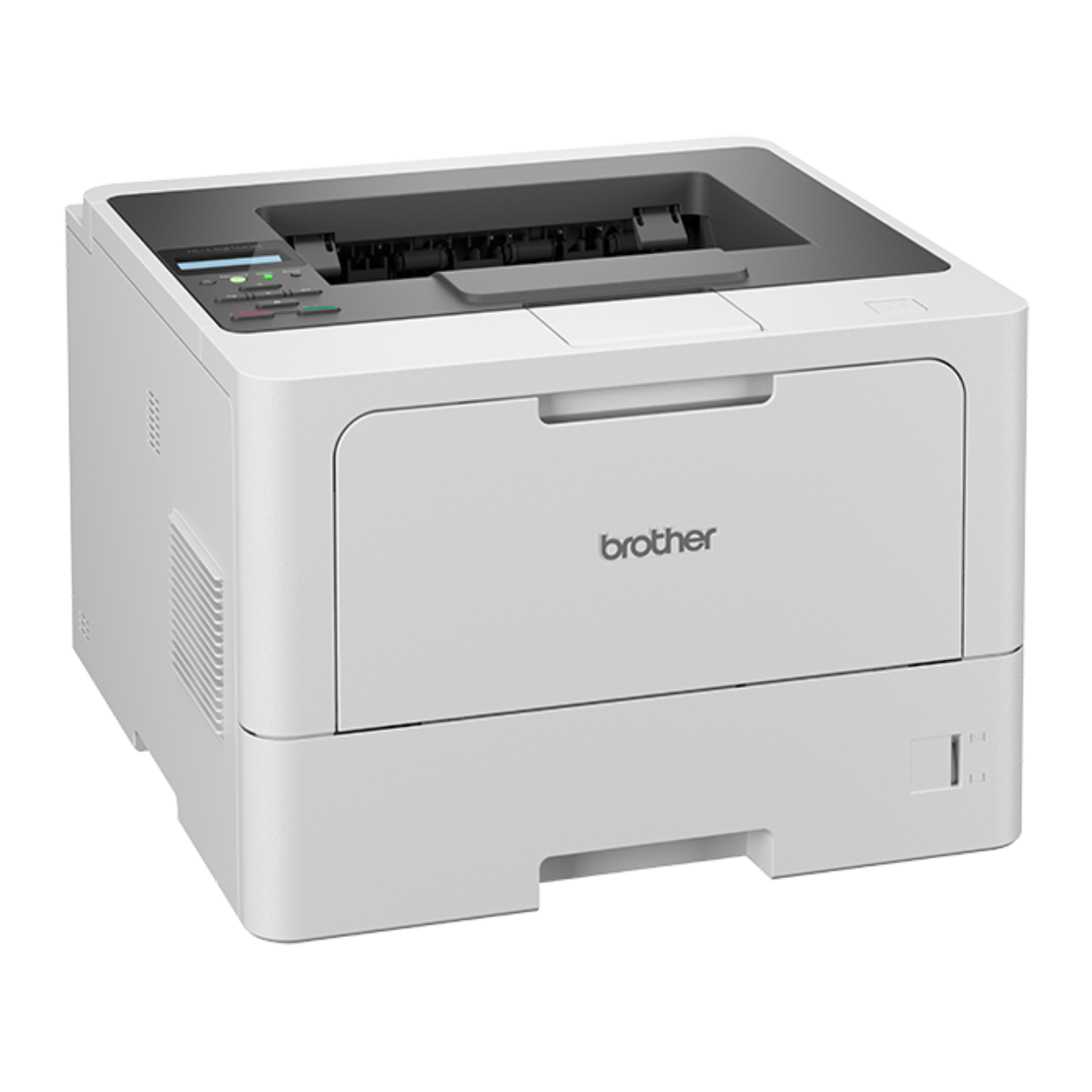 Biała drukarka Brother. Otwarta taca na papier i panel sterowania. Logo Brother z przodu.