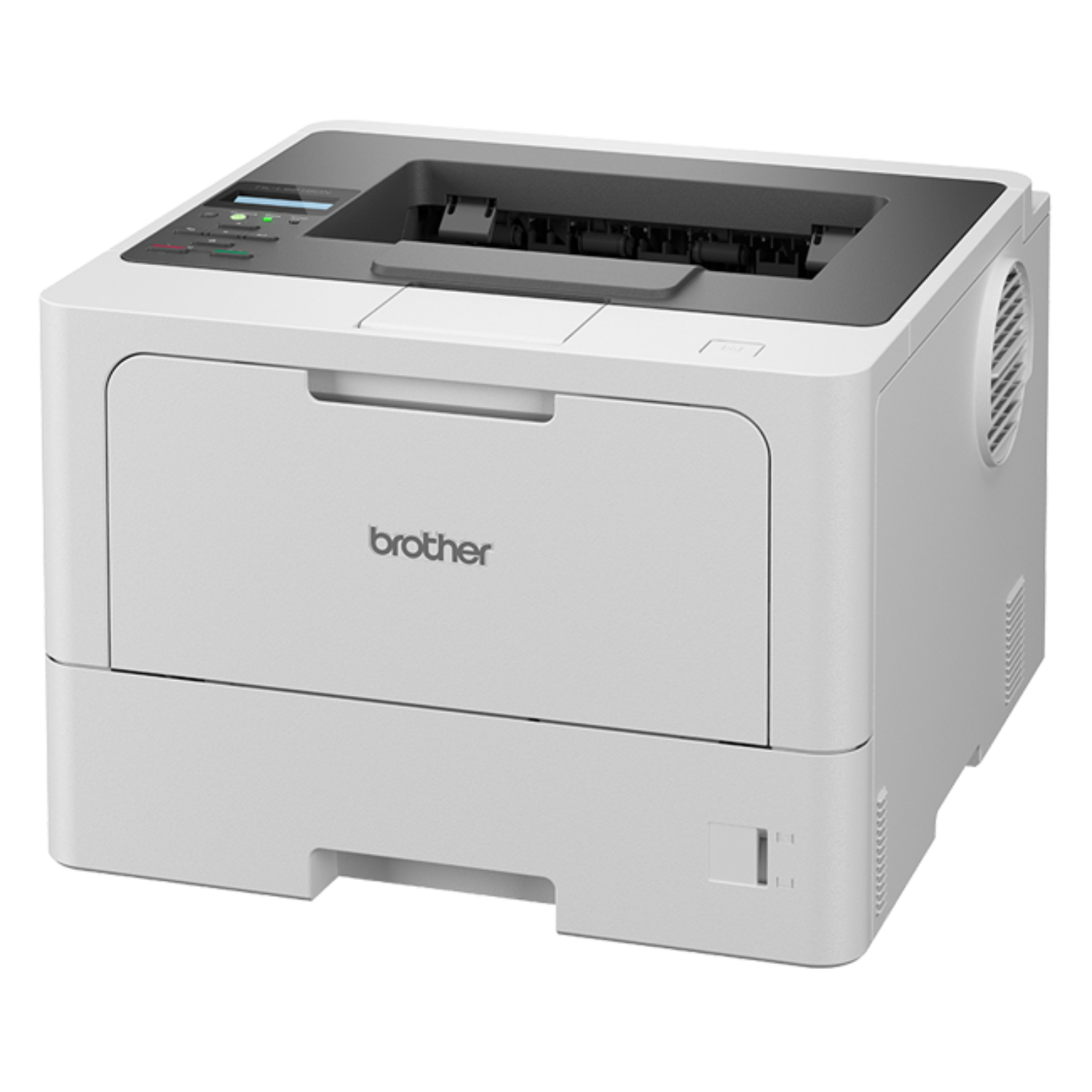 Biała drukarka laserowa Brother. Znajduje się na ciemnej powierzchni.