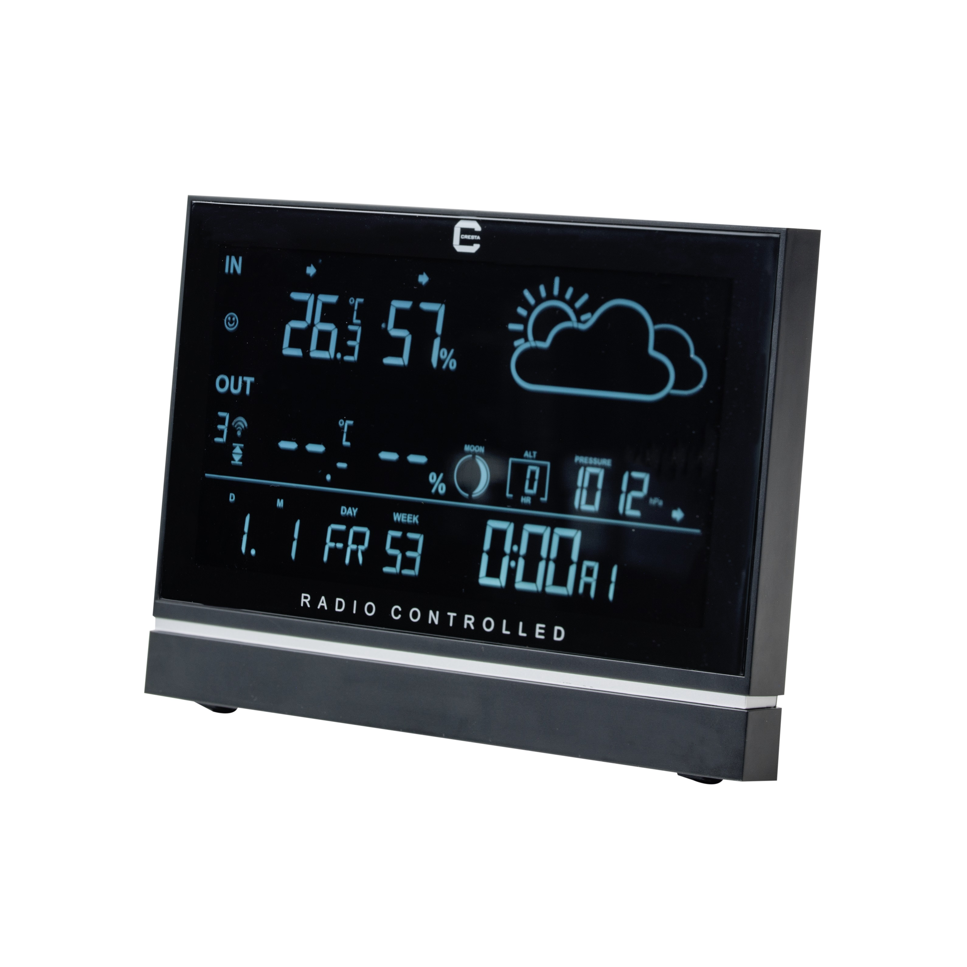 Digital weather station showing time, temperature, and weather icons. White background.