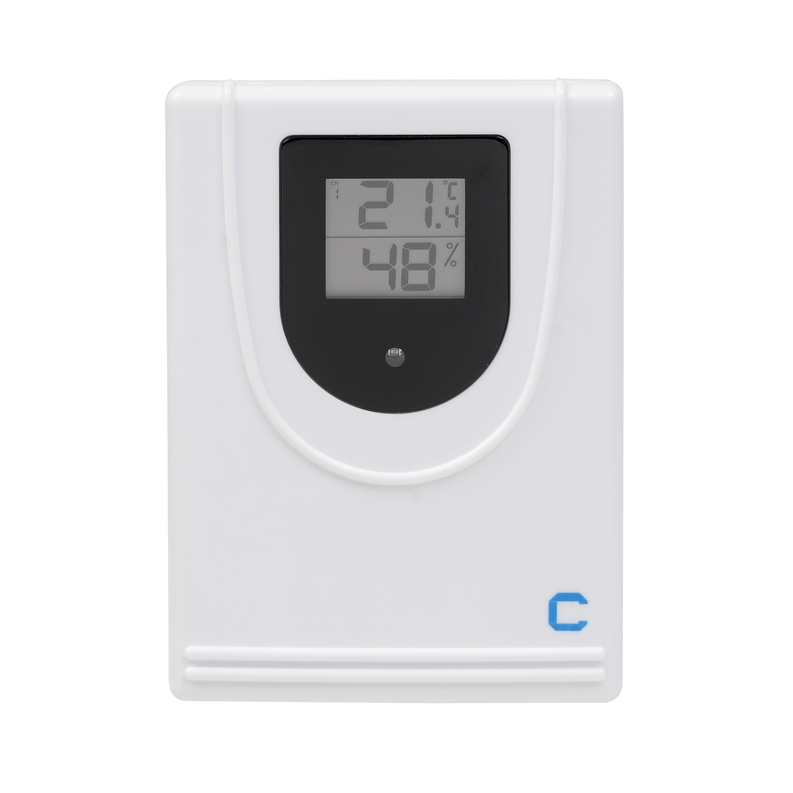 White digital thermometer displaying 21.4 degrees Celsius and 48% humidity.