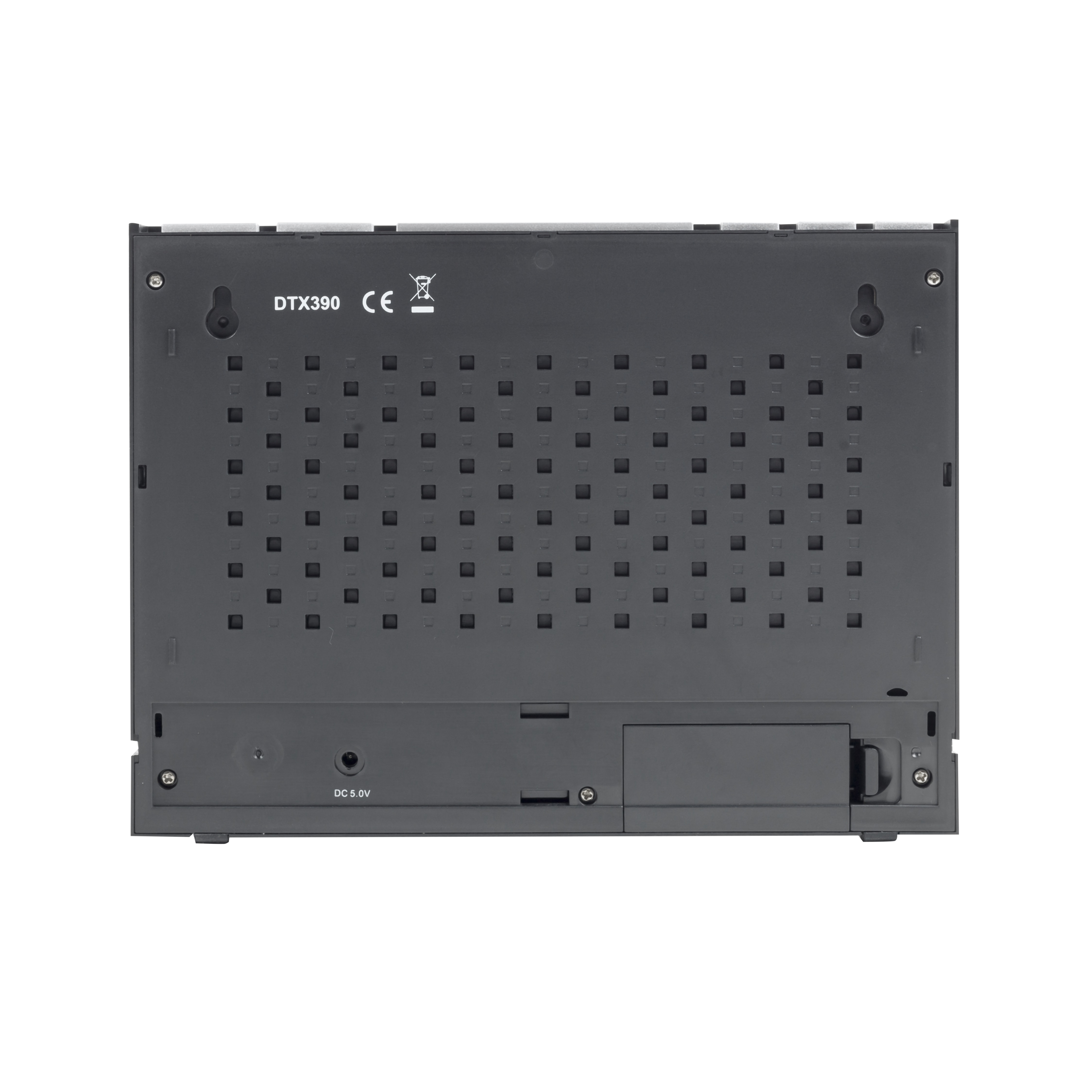 View of the back of a dark grey device with ventilation holes and a DC port.