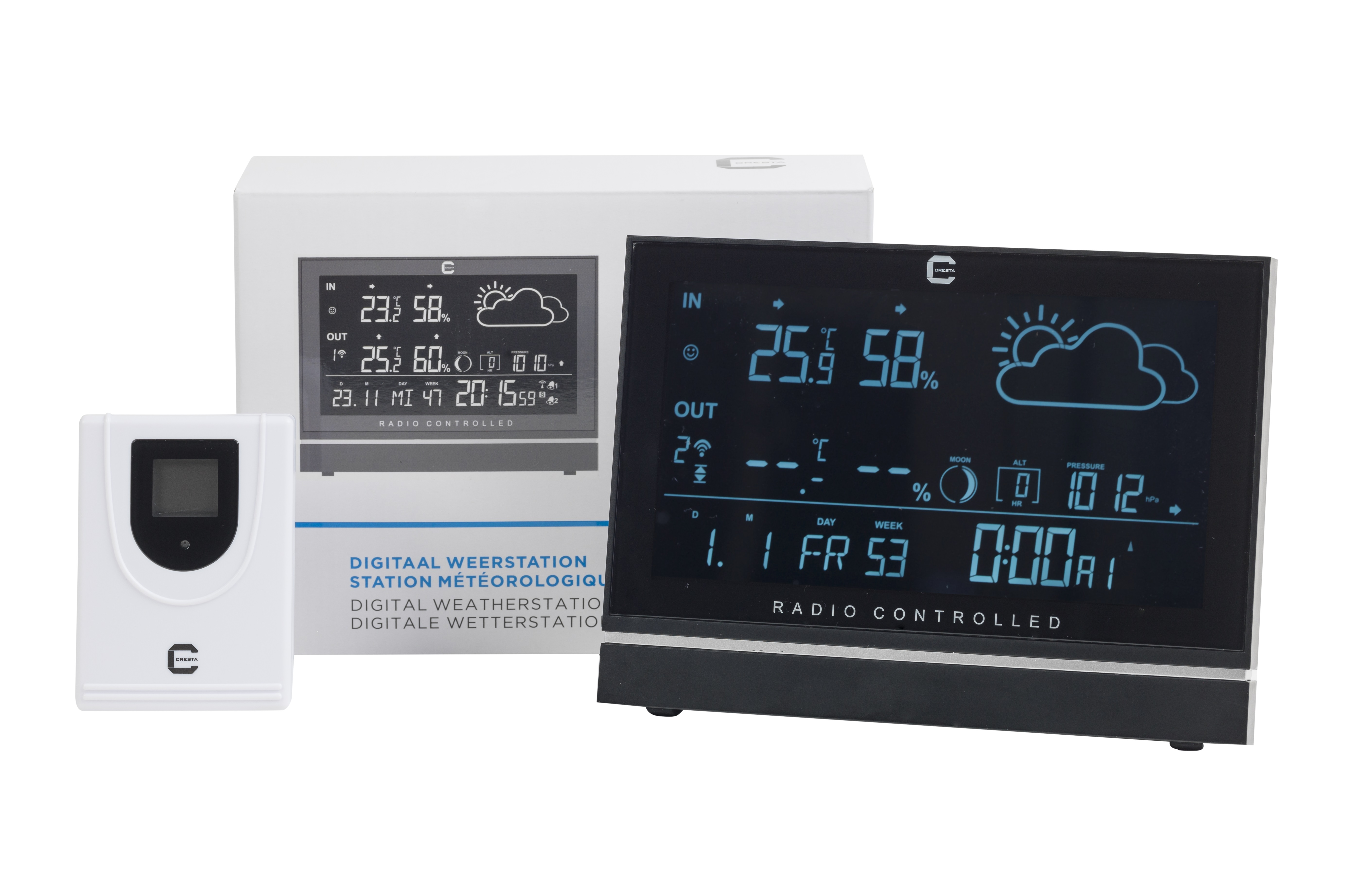 Digital weather station with a white display and separate sensor. Displays temperature, time, and weather icons.