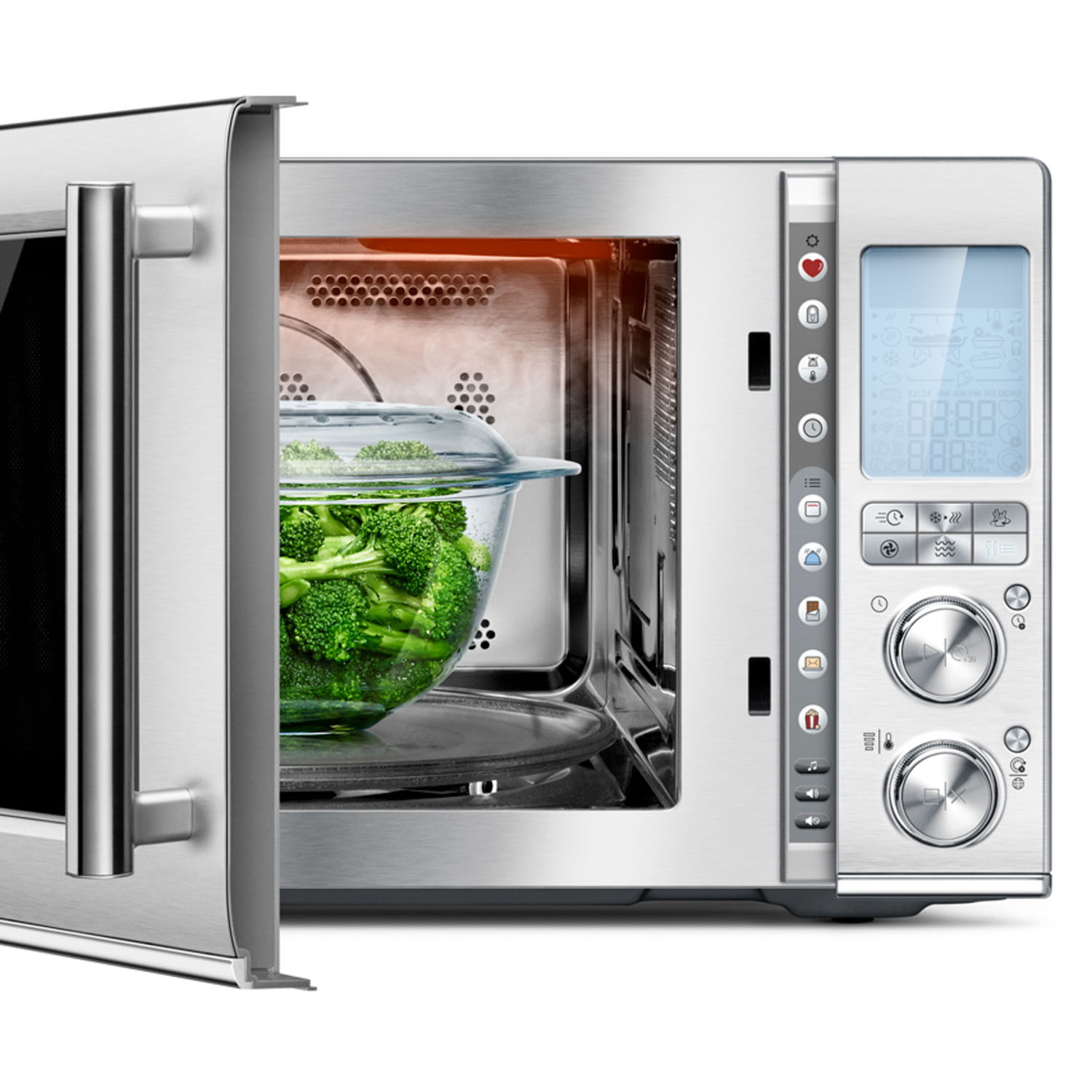 Ein Mikrowellenherd mit offener Tür, die Brokkoli in einer Glasschale zeigt.