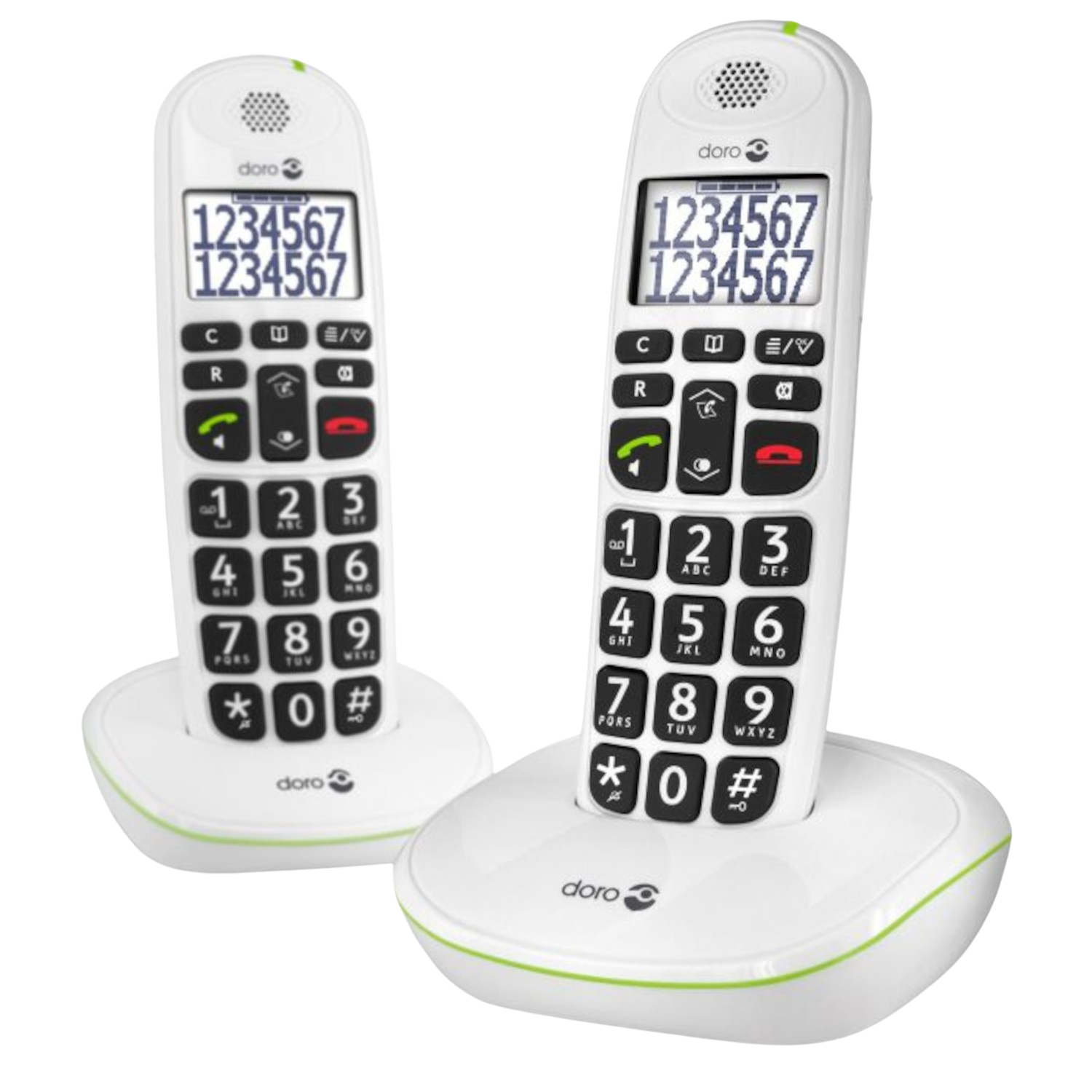Two white cordless phones with large number buttons. Green and black buttons are visible.