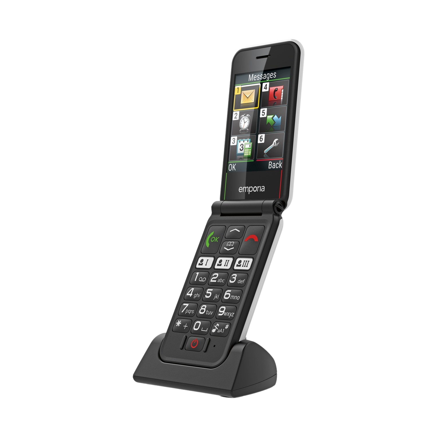 Czarny i srebrny telefon z klapką jest oparty na swojej stacji ładującej. Ekran wyświetla wiadomości.