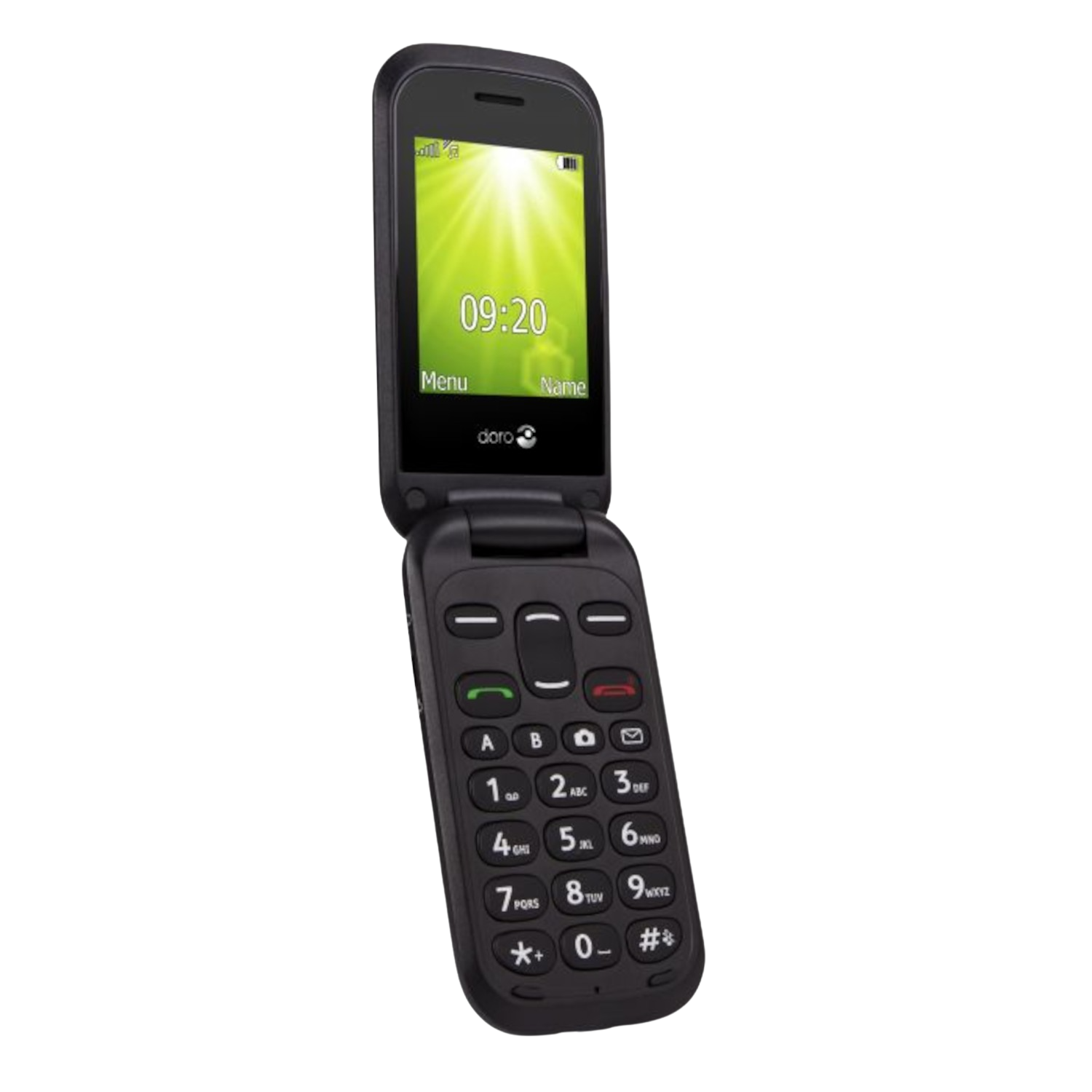 Czarny telefon z klapką z dużymi przyciskami, pokazujący godzinę i logo Doro.