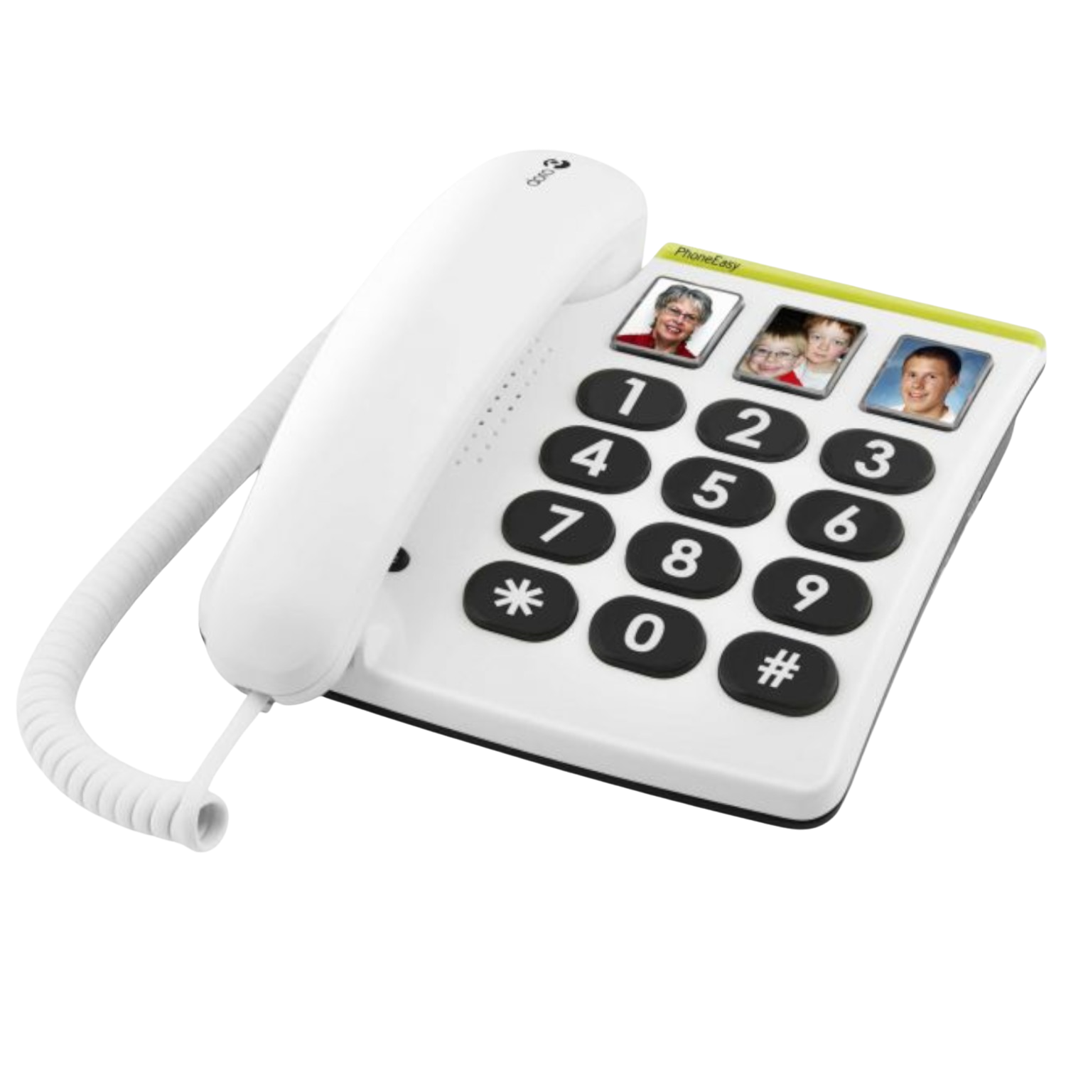 Teléfono de botones grandes con fotos de personas en los botones. Teléfono blanco con cable blanco.