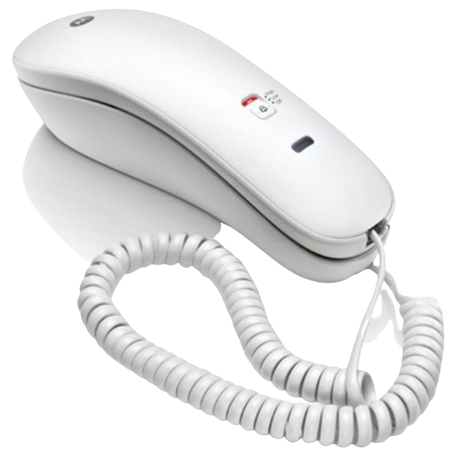 Witte telefoon met snoer. Het heeft een houder en een spiraalkabel.