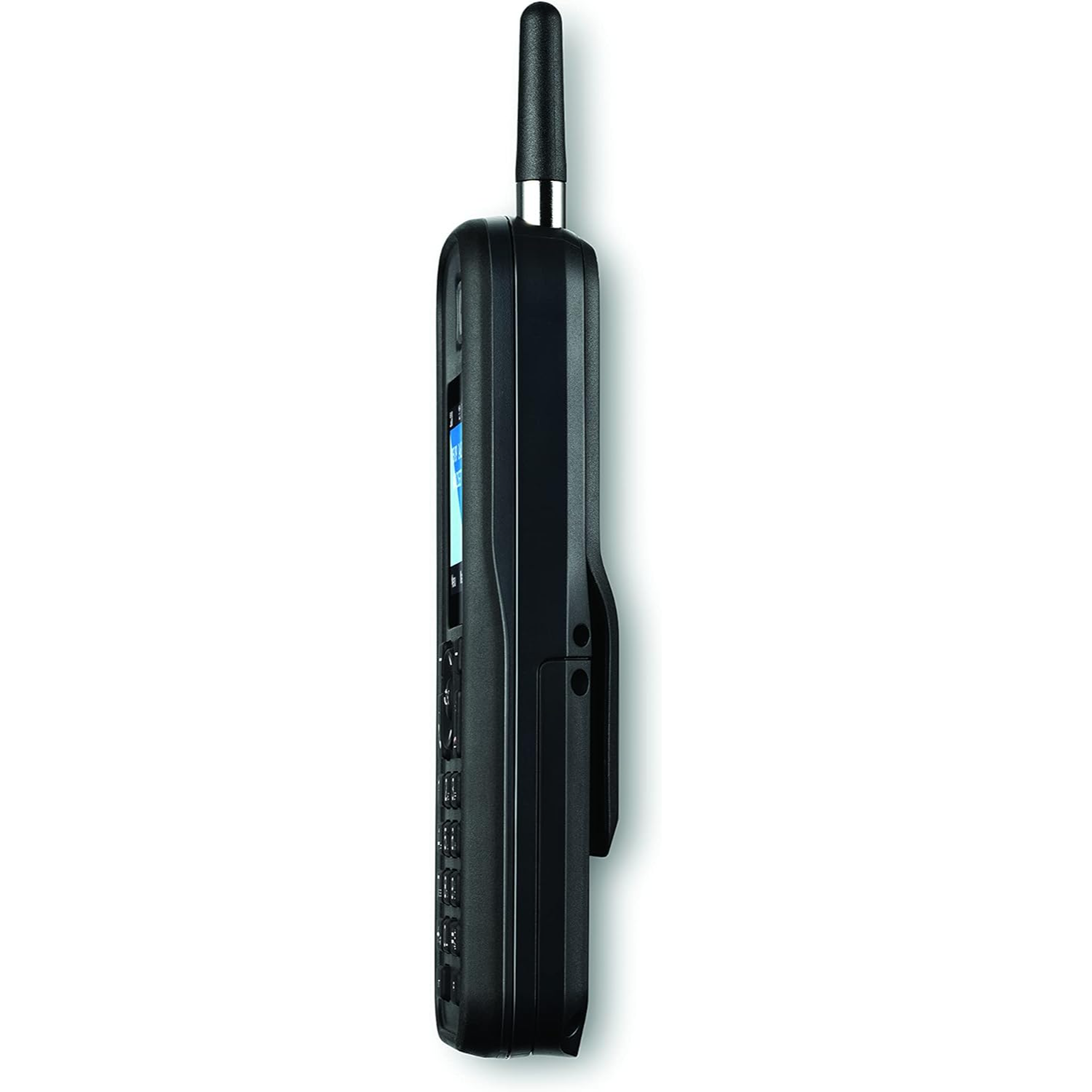 Teléfono satelital negro, un dispositivo de comunicación con antena y botones.