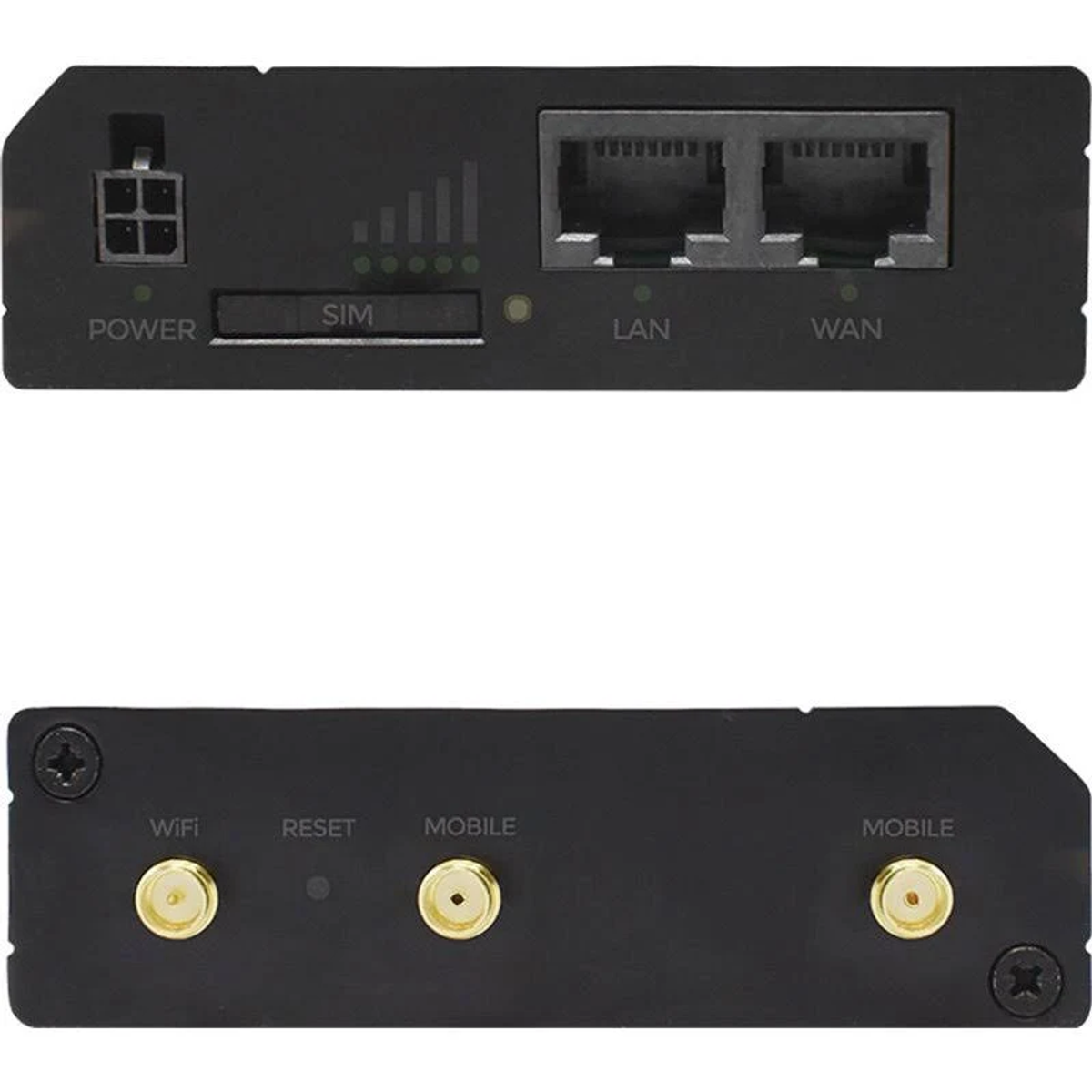 Zwarte router met stroom, SIM, LAN en WAN poorten zichtbaar. Boven aanzicht. Inclusief WiFi, reset en mobiele poorten.