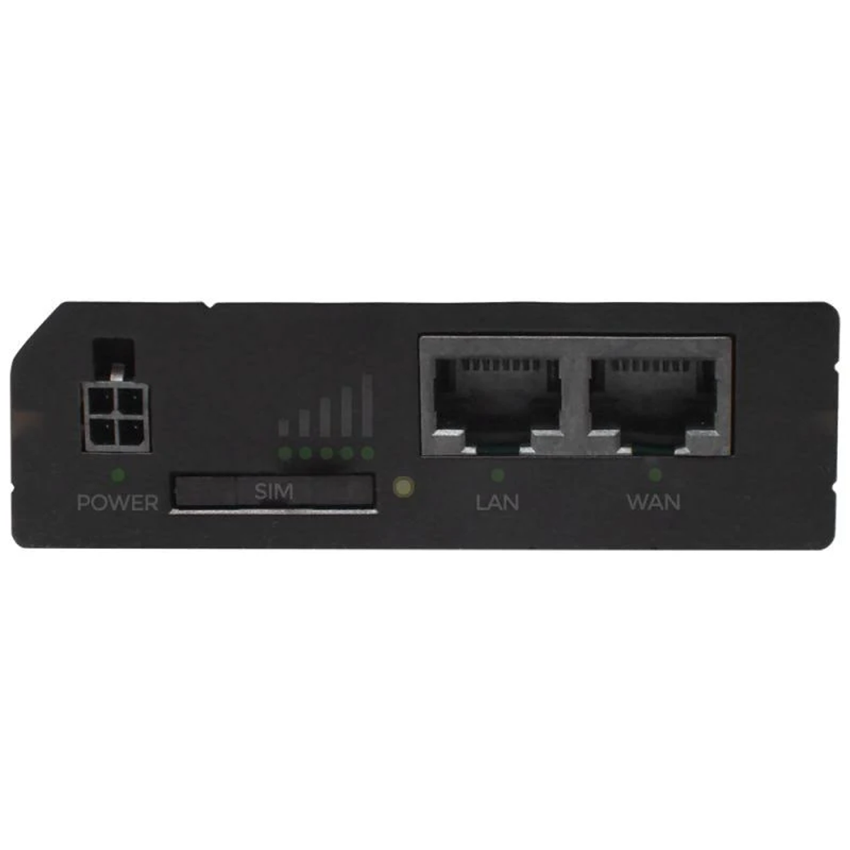 Een zwarte router met stroom-, SIM-, LAN- en WAN-poorten, witte achtergrond.