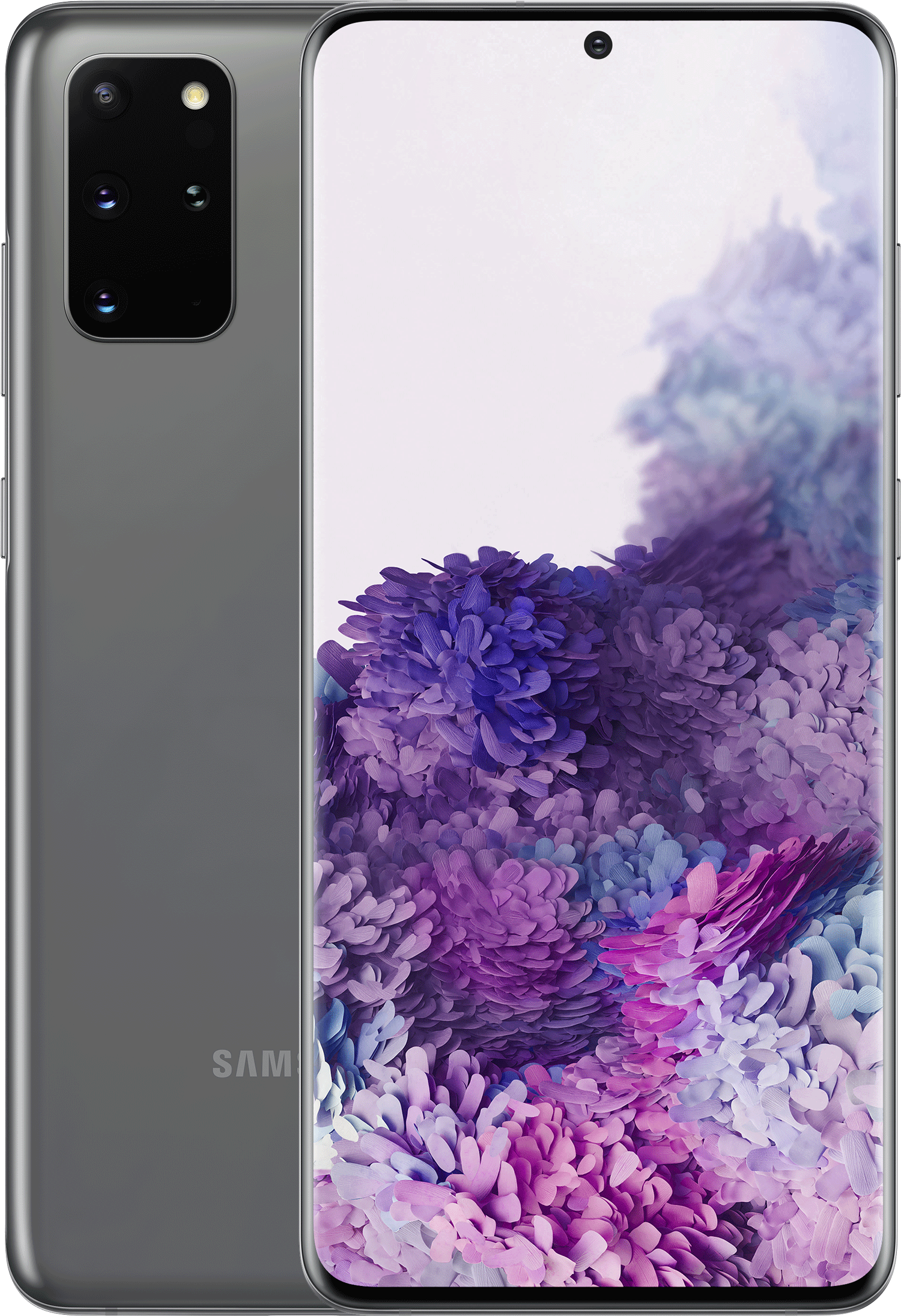 Szary telefon Samsung, tył i przód. Ekran pokazuje kwiatowe tło.