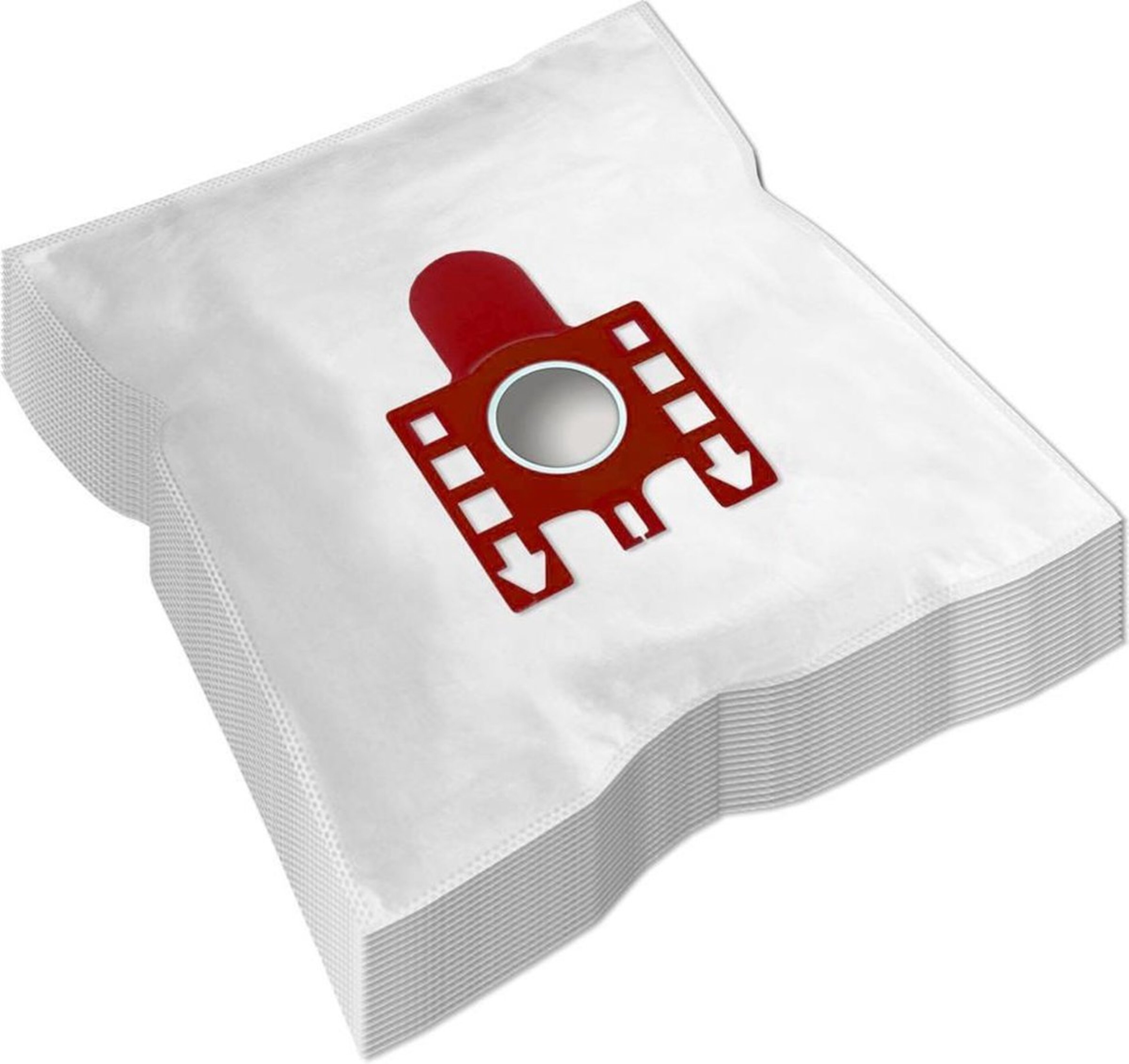Een stapel witte stofzuigerzakken, met een rood-witte filtersectie bovenop.