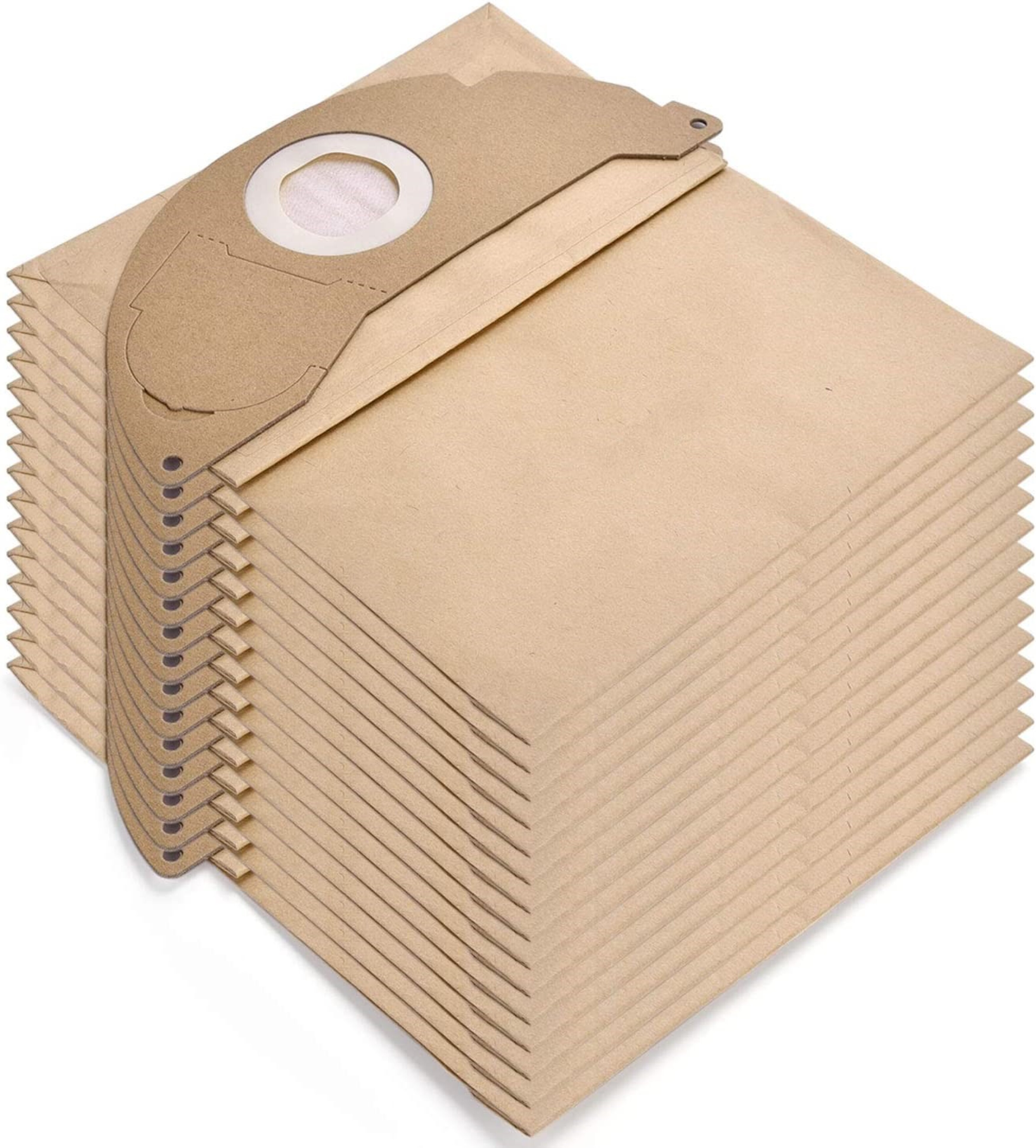 Stapel stofzuigerzakken. Beige, rechthoekig, met een ronde opening.