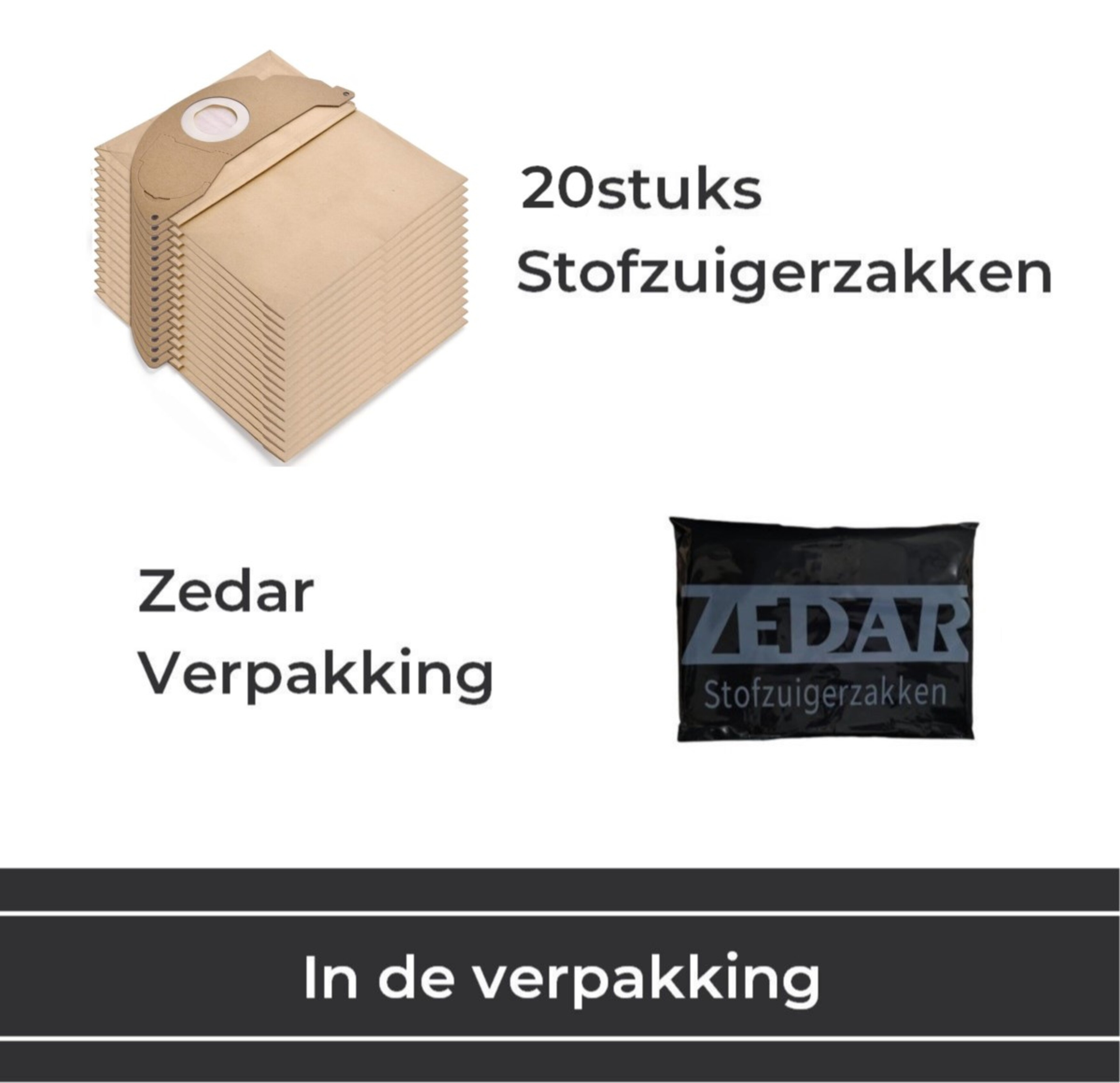 Stofzuigerzakken en verpakking. Tekst in het Nederlands. Witte achtergrond.