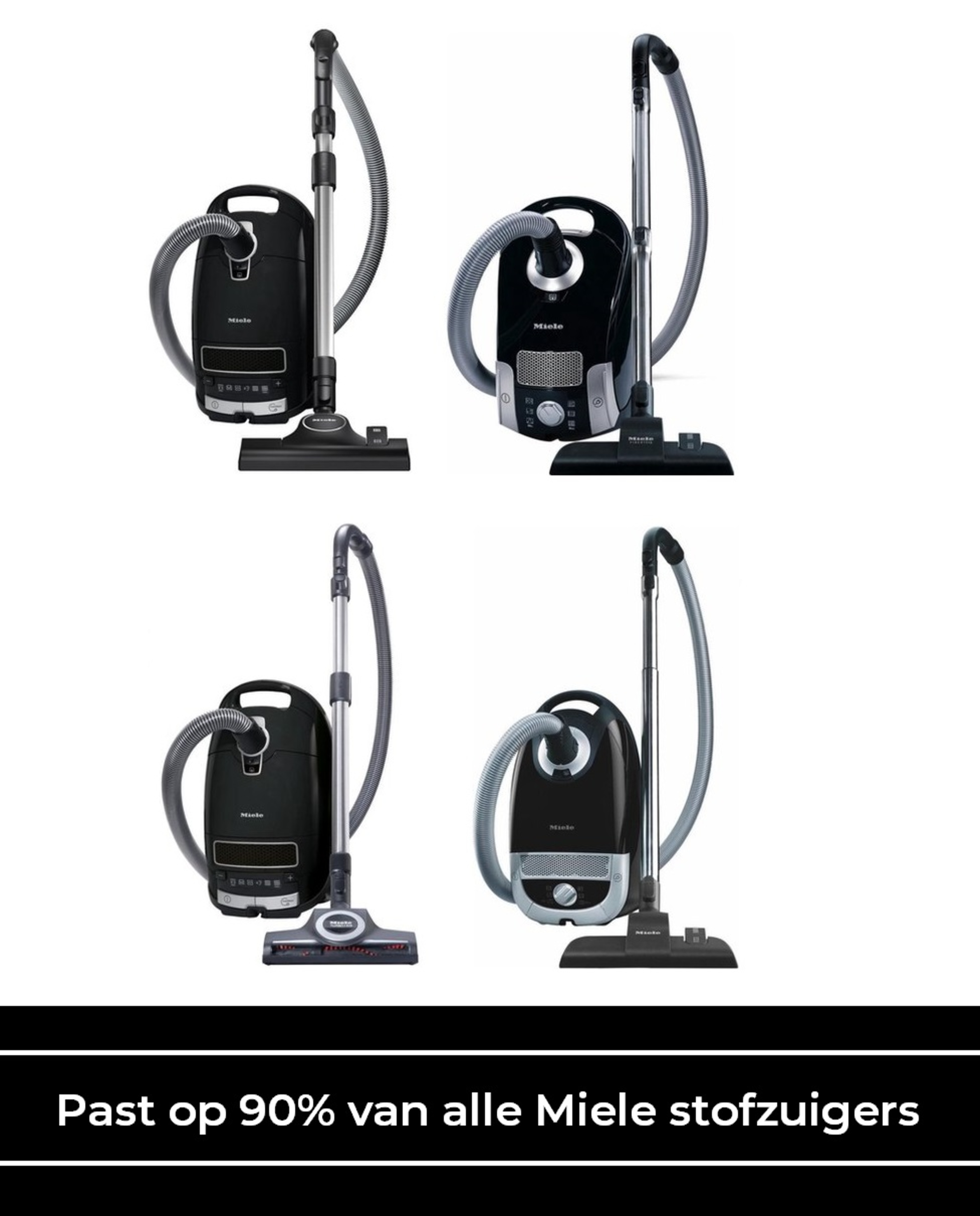 Vier zwarte stofzuigers in verschillende poses, met tekst onderaan.