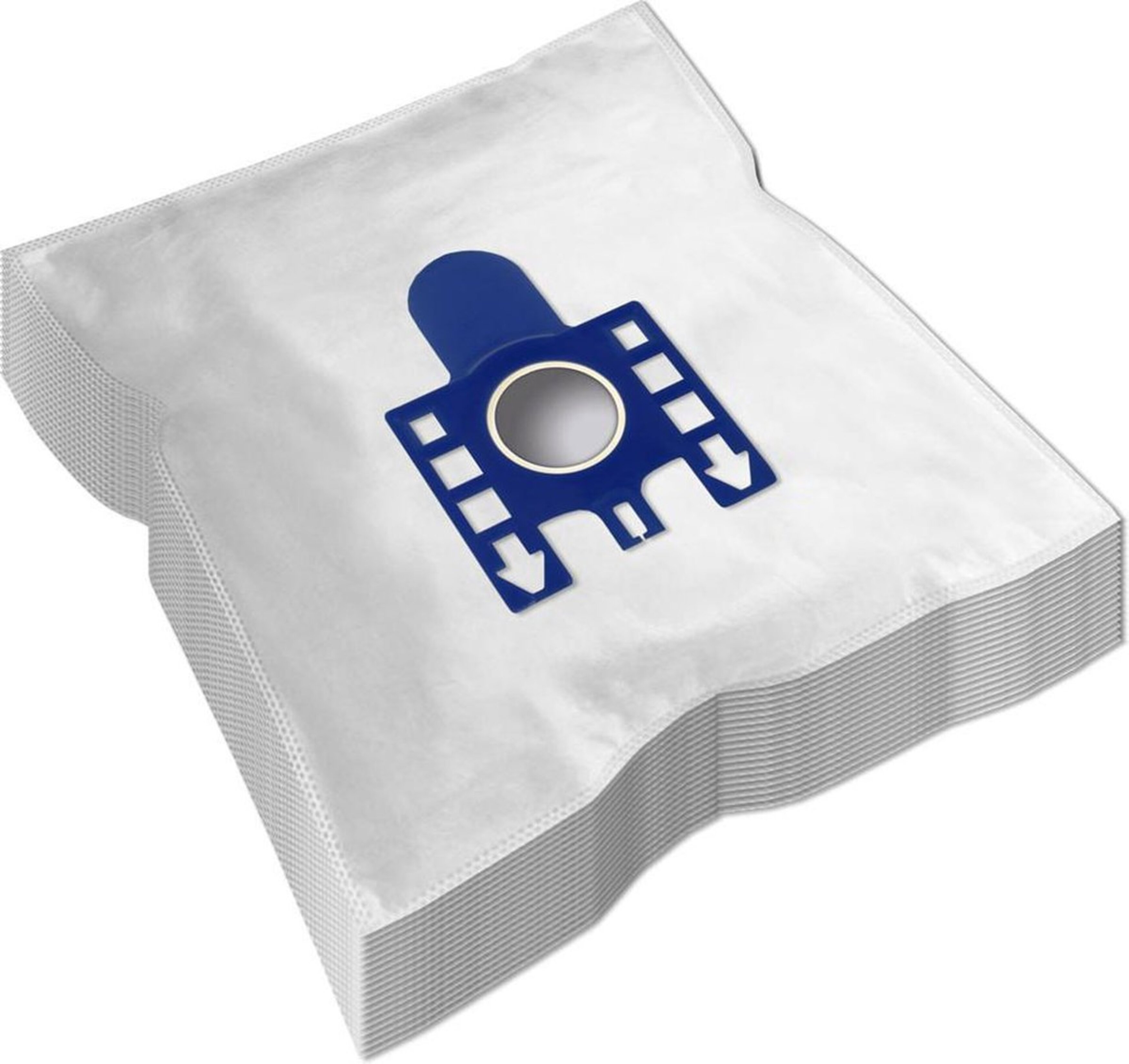Witte stofzuigerzak met een blauwe plastic bevestiging. Gestapeld op een oppervlak.