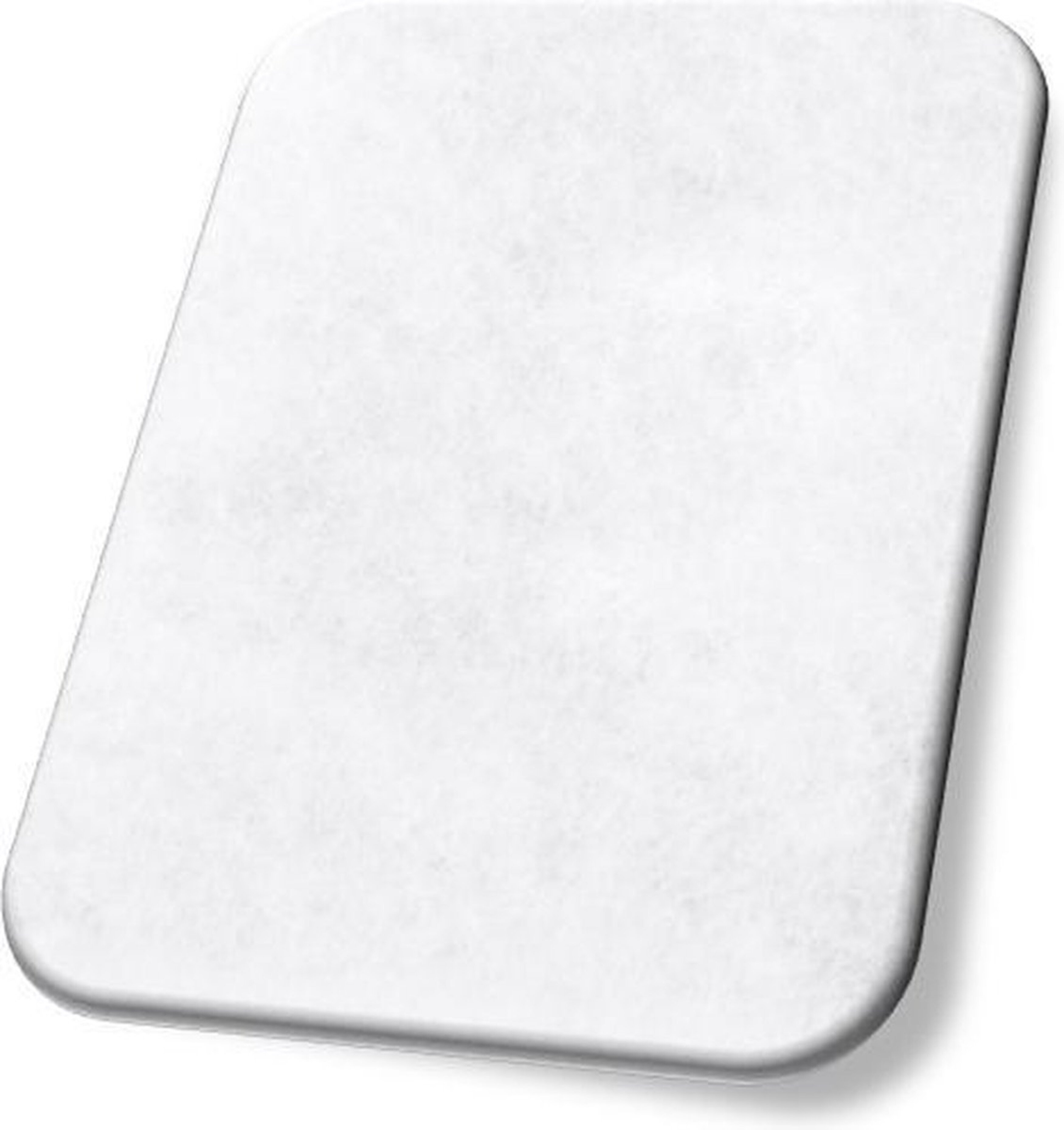 Een wit filterpad met afgeronde hoeken en een lichte schaduw.