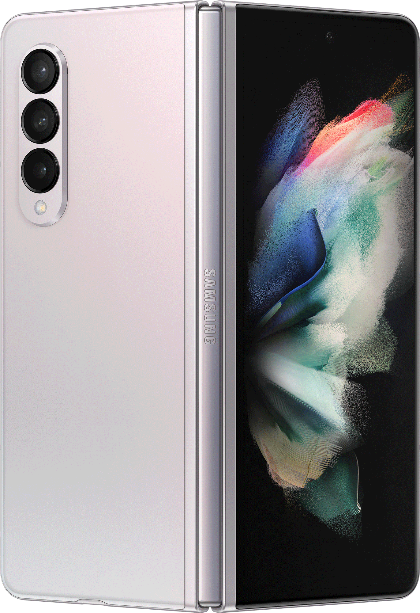 Een opgevouwen witte Samsung Galaxy Z Fold 3, met de achterkant en het open scherm.