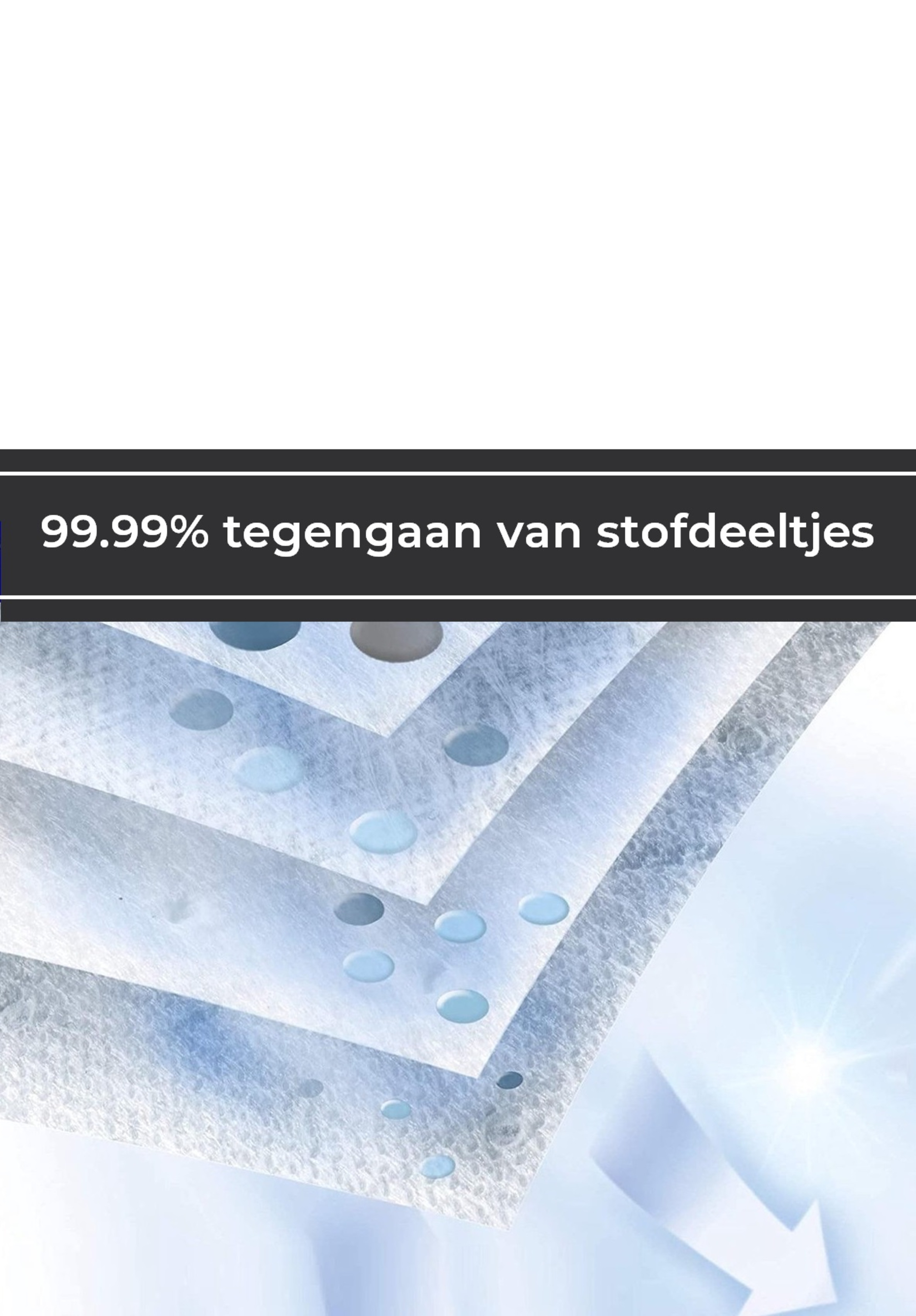 Close-up van een gelaagd luchtfilter. Tekst vermeldt dat het 99,99% van de stofdeeltjes blokkeert.