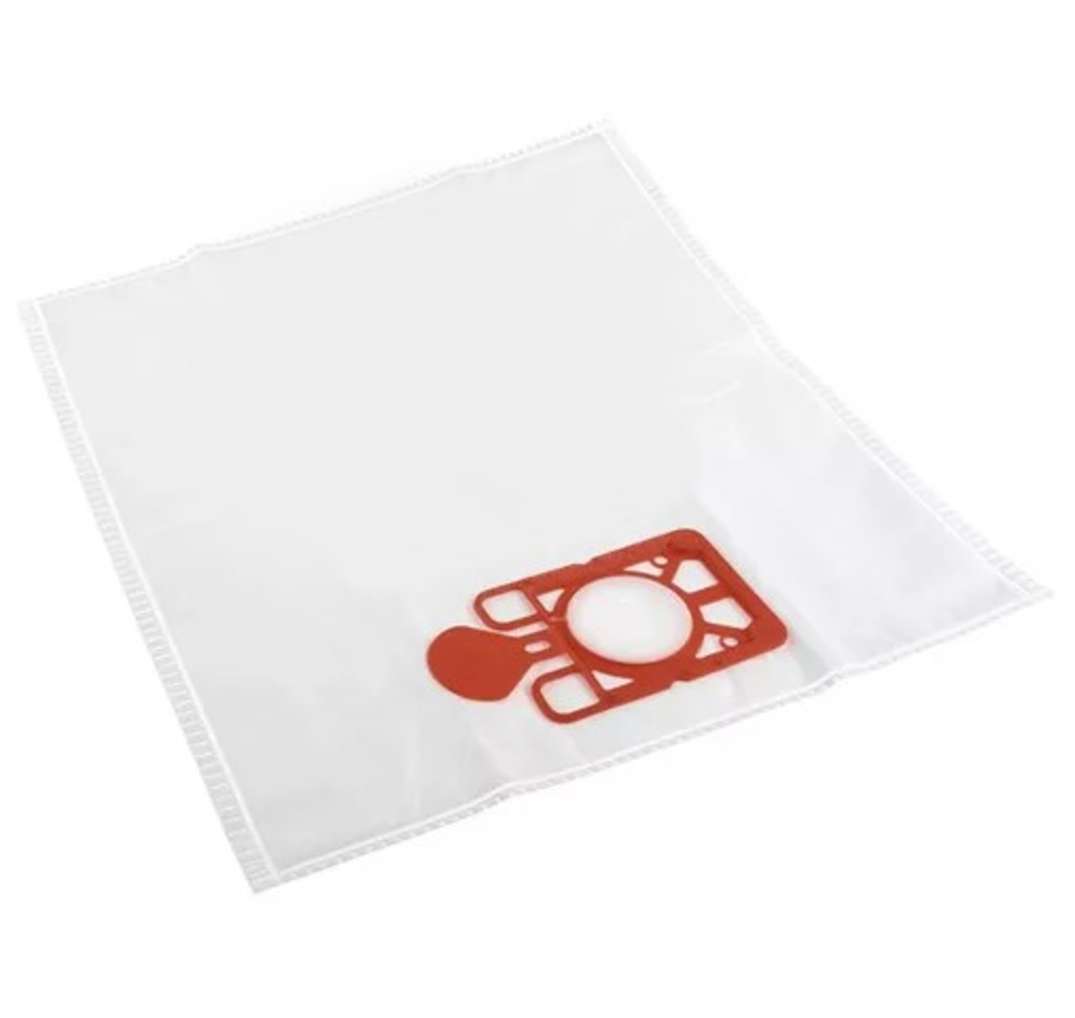 Witte stofzuigerzak met een rode plastic connector.