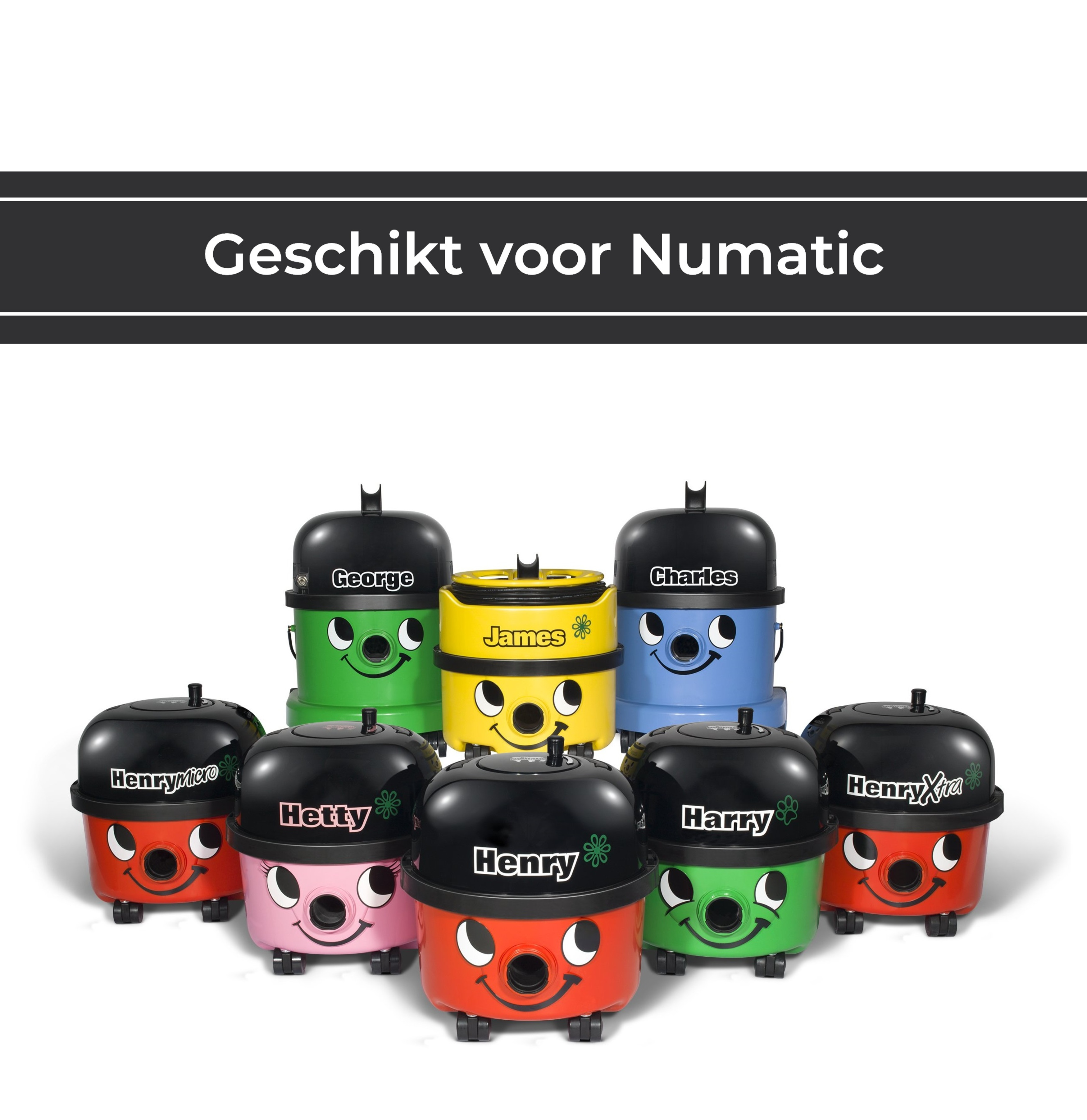 Collectie kleurrijke Numatic Henry stofzuigers met lachende gezichten.