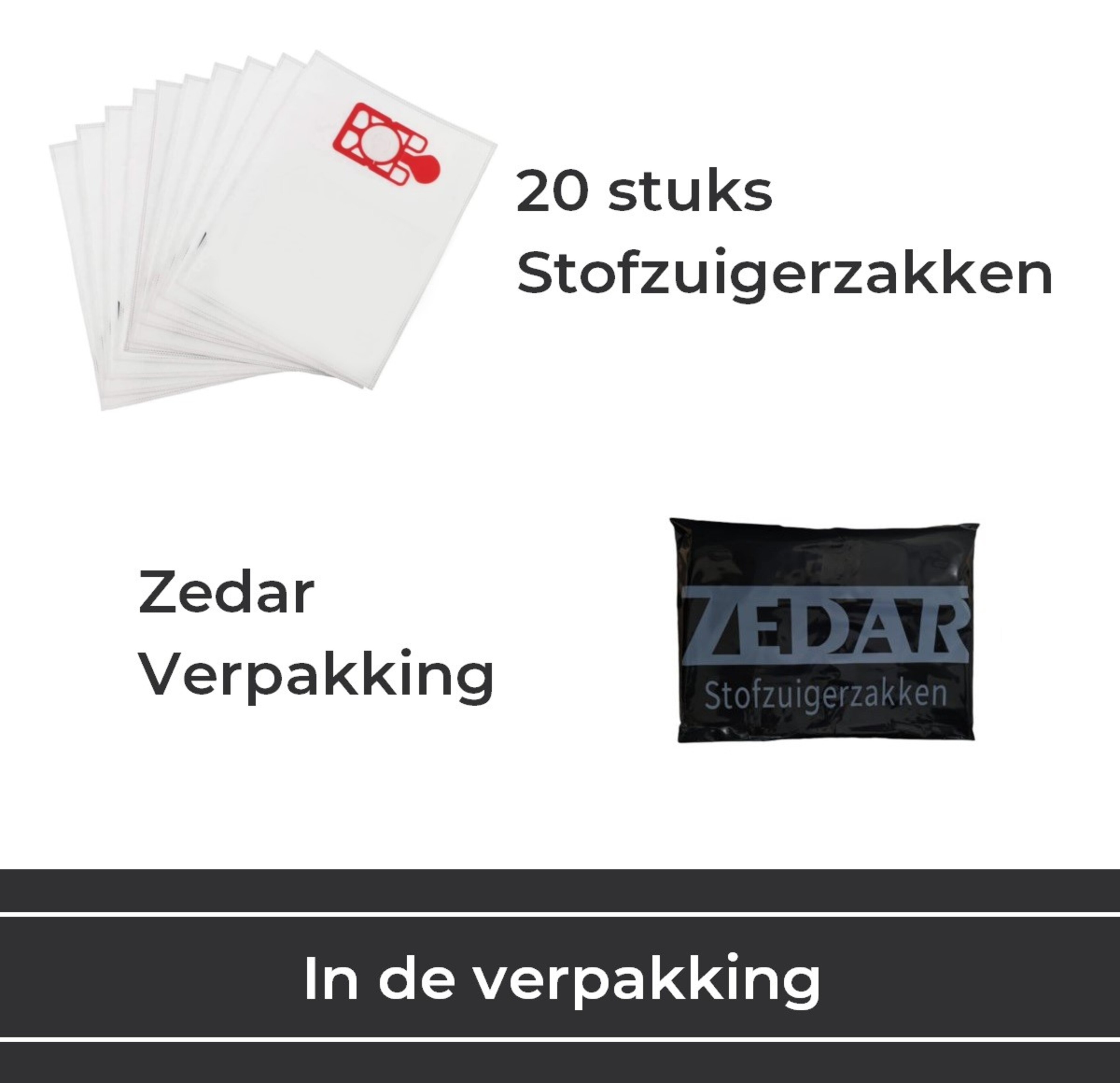 Witte stofzuigerzakken met een rood logo en een zwarte verpakking met de merknaam.