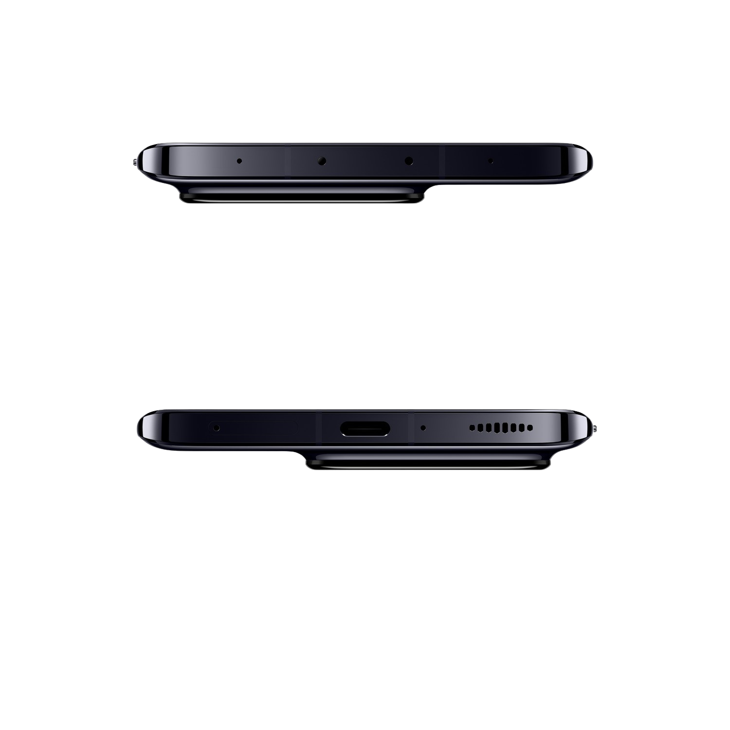 Dwa telefony, widok z góry i z dołu, pokazujące aparaty i porty, na czarnym tle.