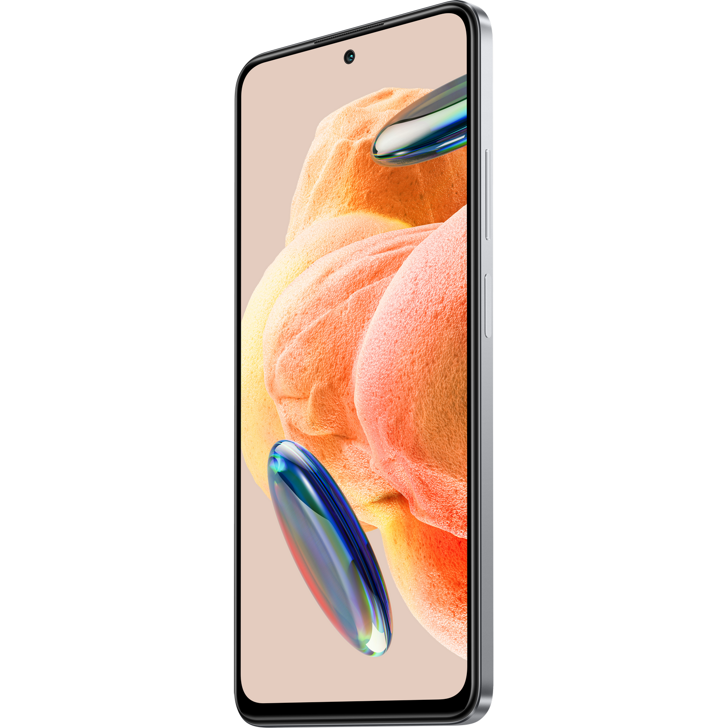 Smartfon na białym tle. Wyświetla kolorowy obraz.