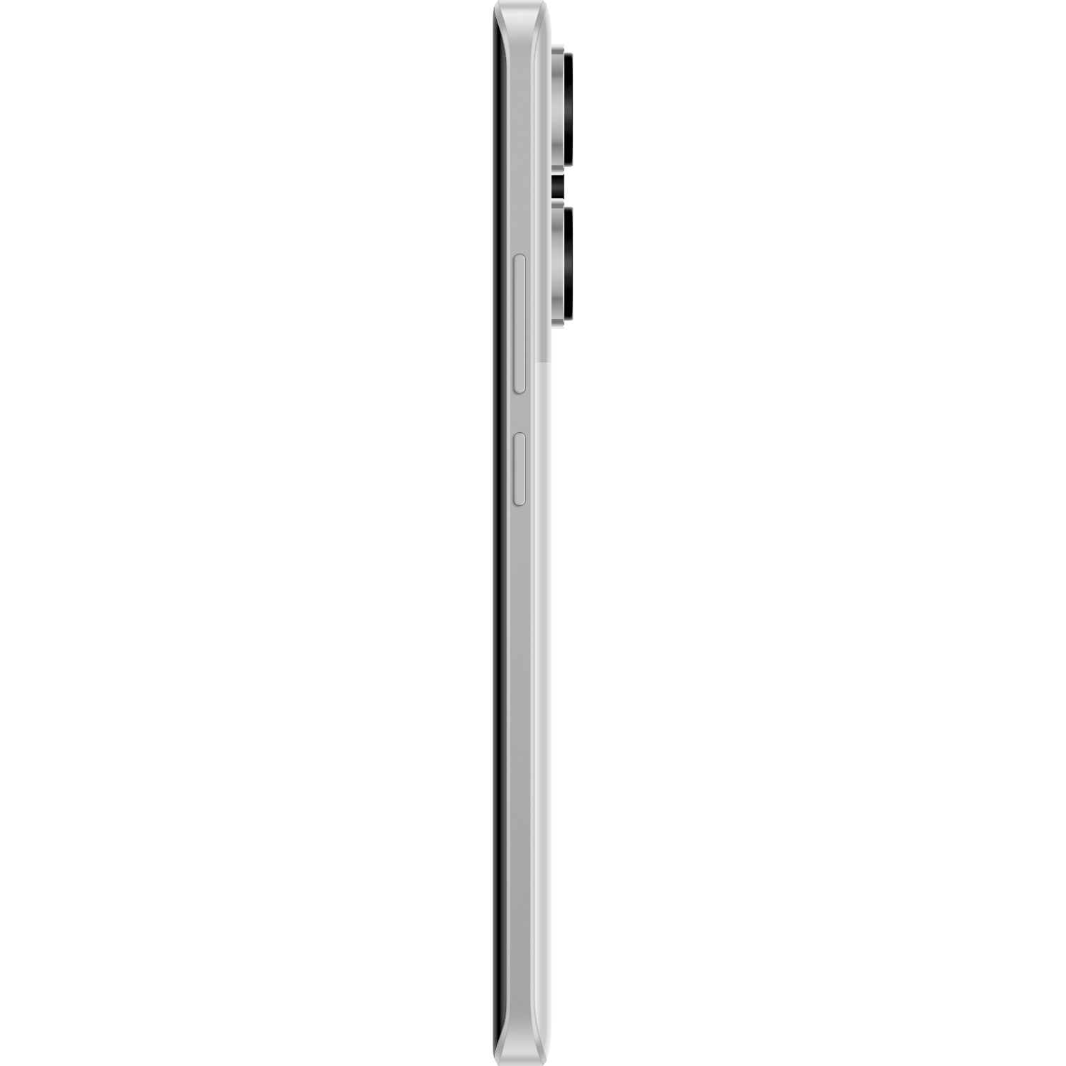 Seitenansicht eines silbernen Smartphones, Tasten an der Seite, schwarzer Hintergrund.